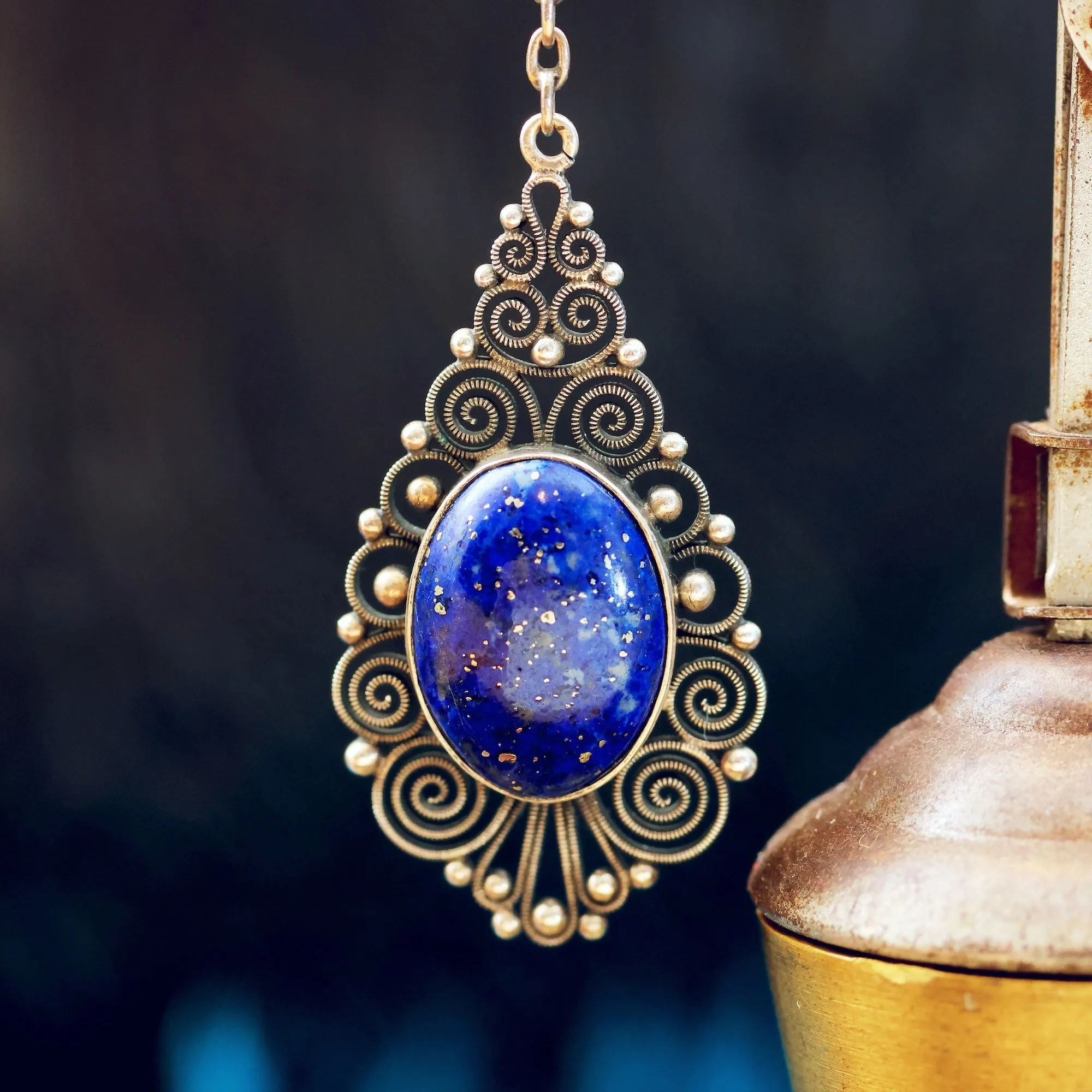 Finest Vintage Silver Filigree Lapis Lazuli Drop Earrings