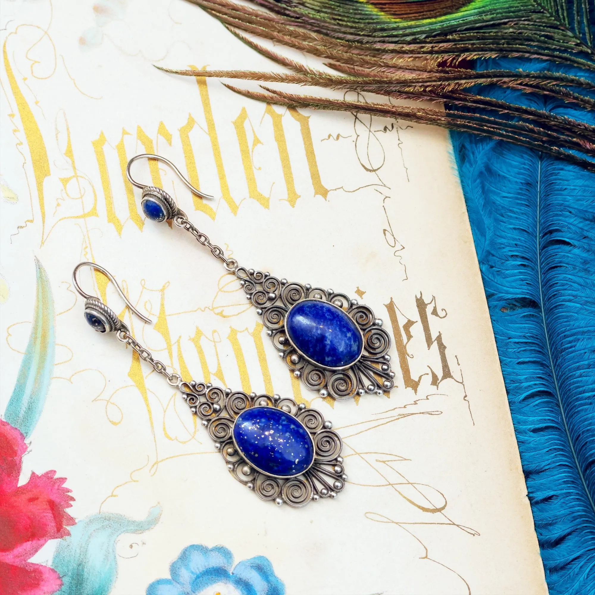 Finest Vintage Silver Filigree Lapis Lazuli Drop Earrings