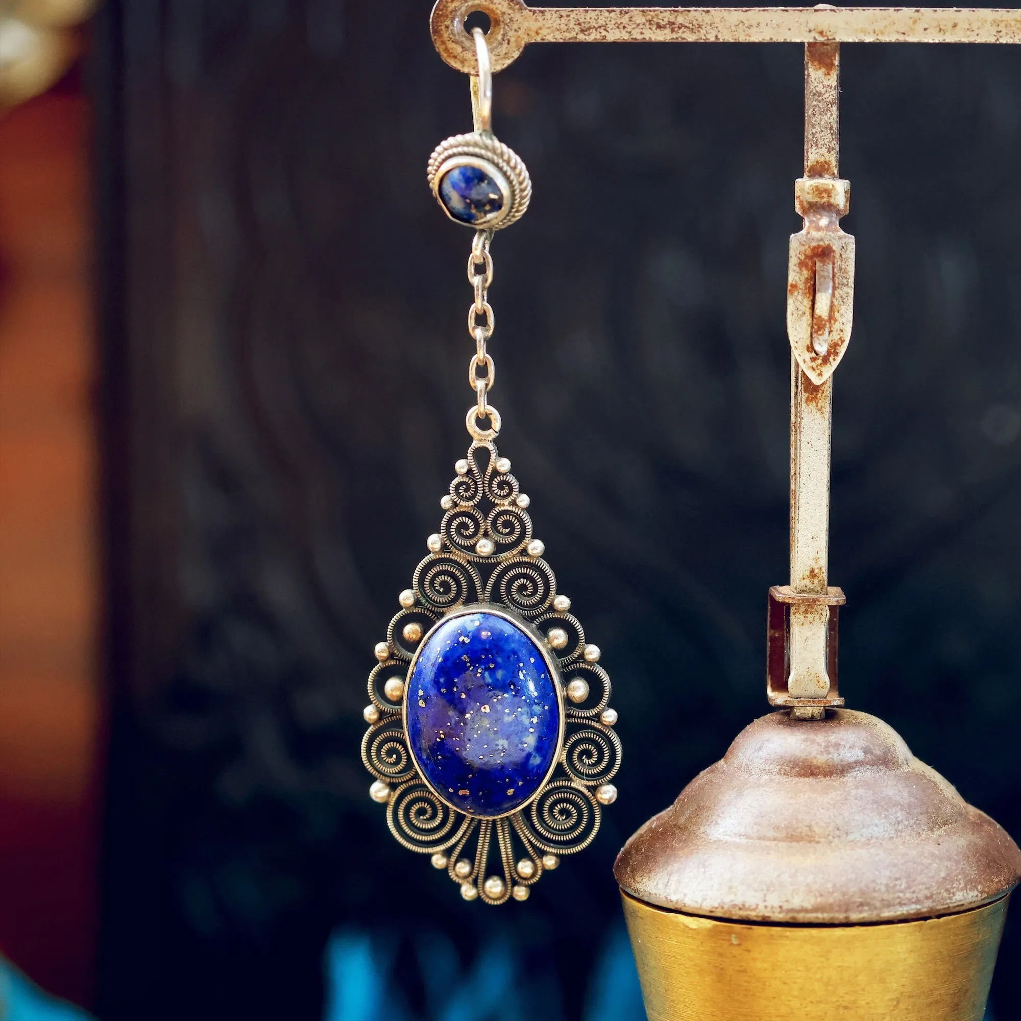 Finest Vintage Silver Filigree Lapis Lazuli Drop Earrings