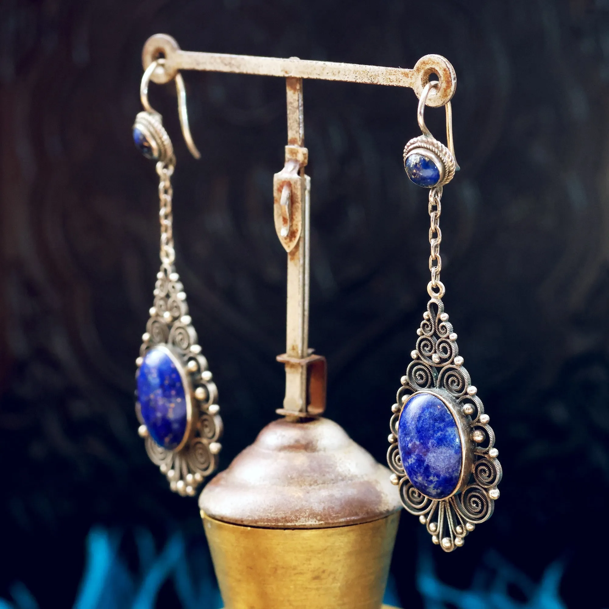 Finest Vintage Silver Filigree Lapis Lazuli Drop Earrings