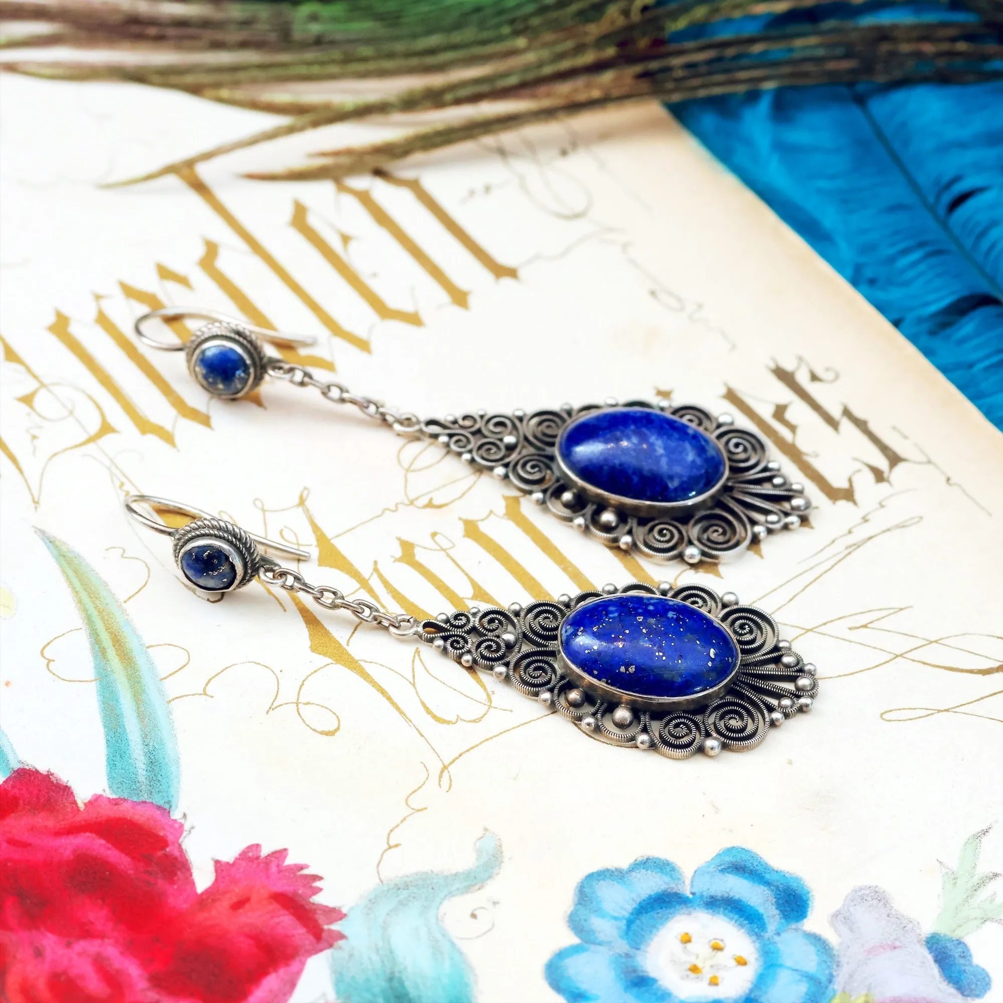 Finest Vintage Silver Filigree Lapis Lazuli Drop Earrings