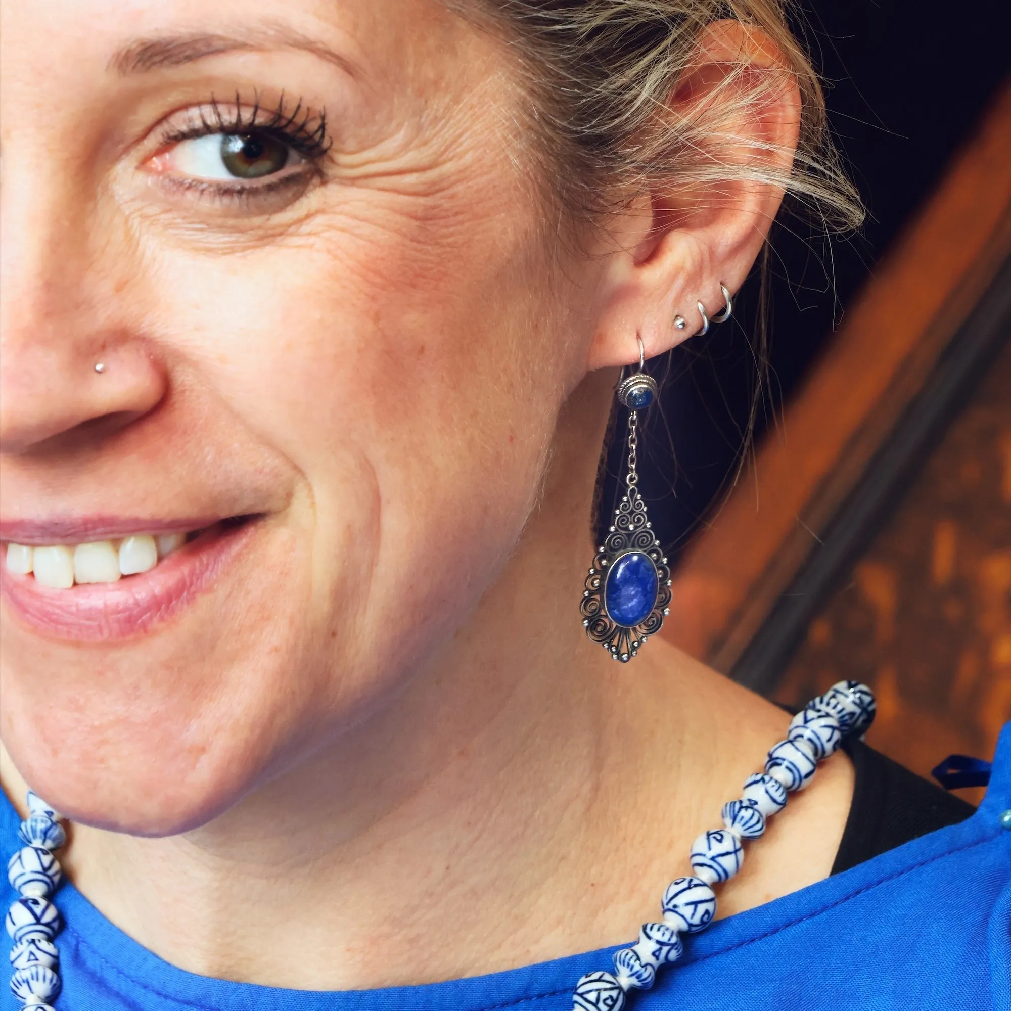 Finest Vintage Silver Filigree Lapis Lazuli Drop Earrings