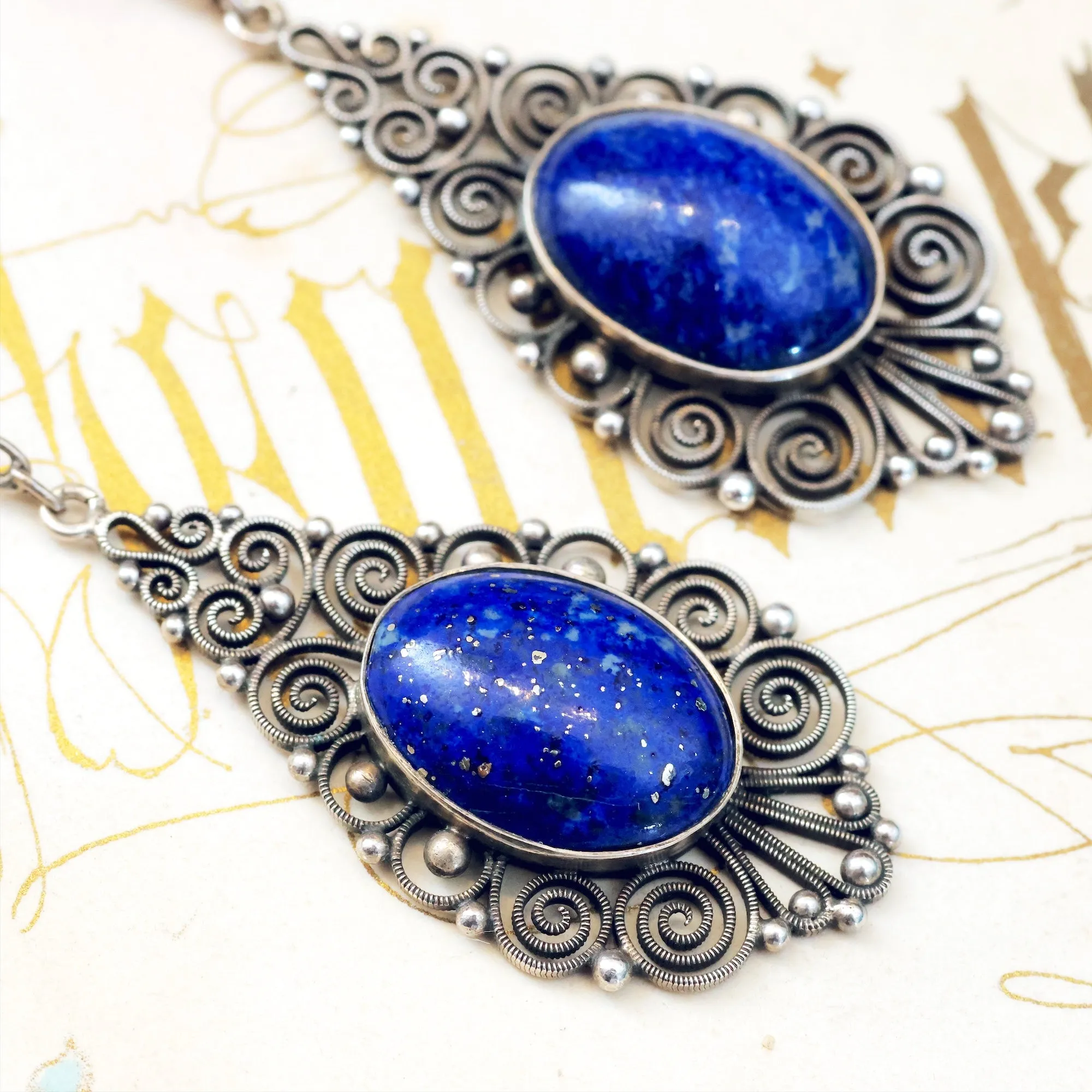 Finest Vintage Silver Filigree Lapis Lazuli Drop Earrings