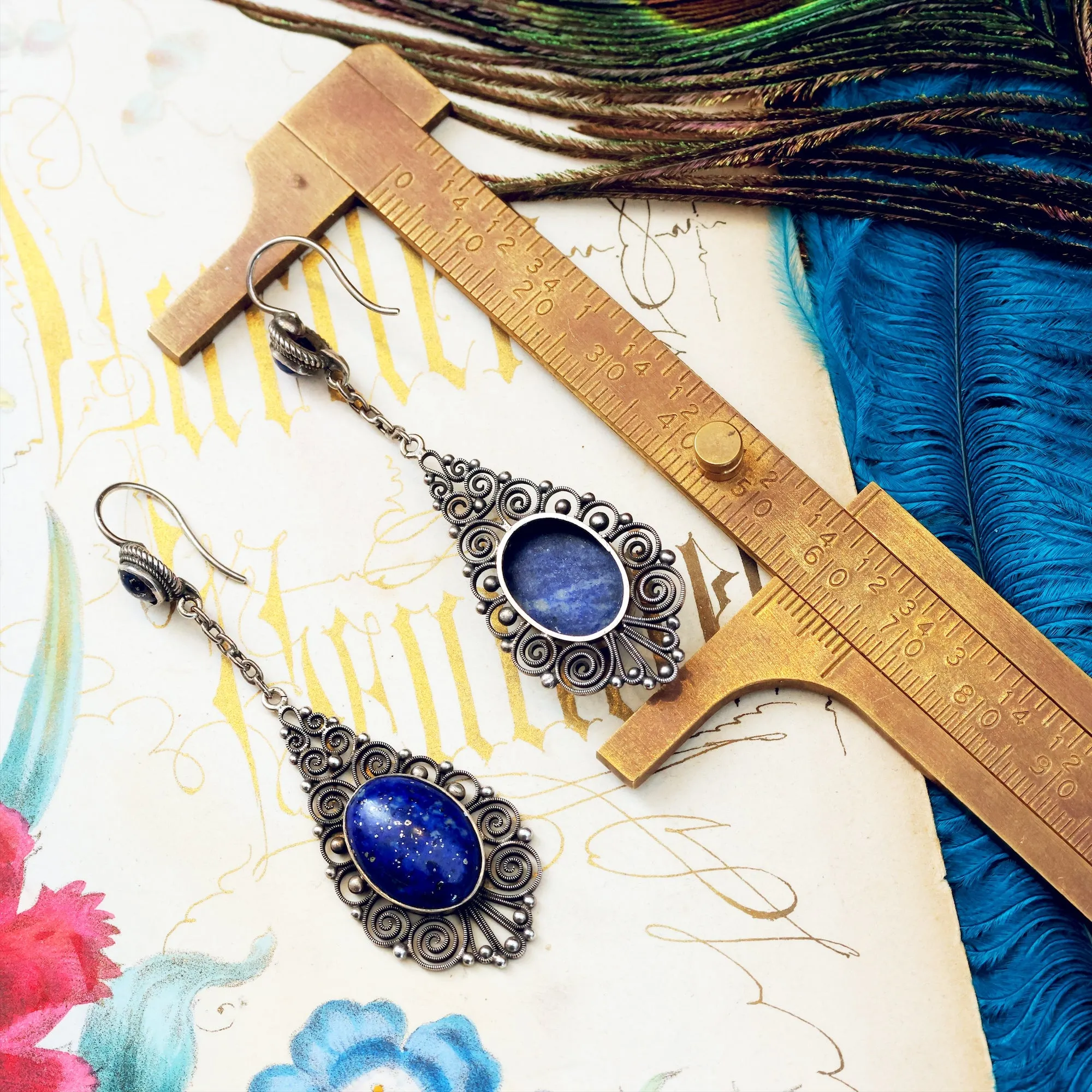 Finest Vintage Silver Filigree Lapis Lazuli Drop Earrings