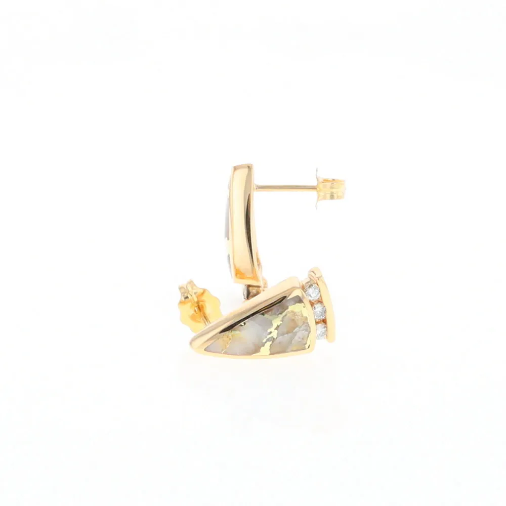 G2 Gold Quartz Earrings Triangle Shape Inlaid Design with .12ctw Diamonds