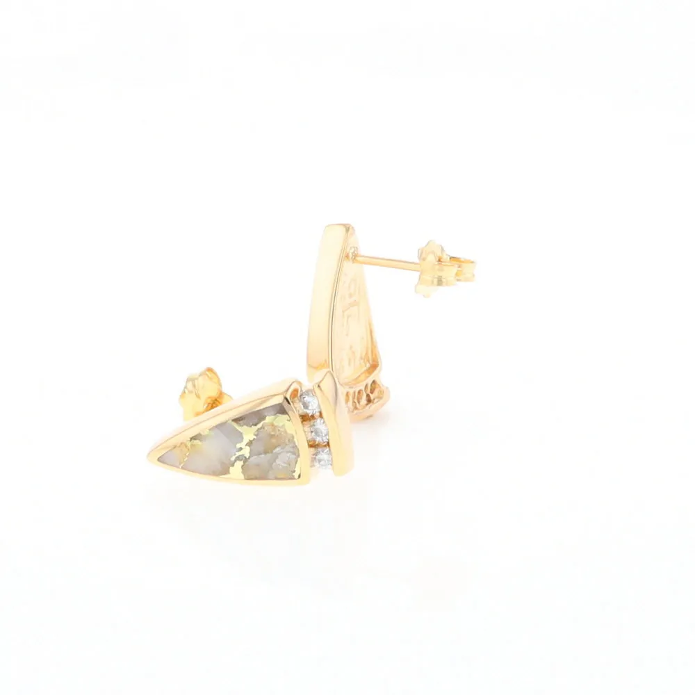 G2 Gold Quartz Earrings Triangle Shape Inlaid Design with .12ctw Diamonds