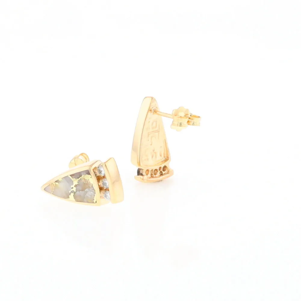 G2 Gold Quartz Earrings Triangle Shape Inlaid Design with .12ctw Diamonds