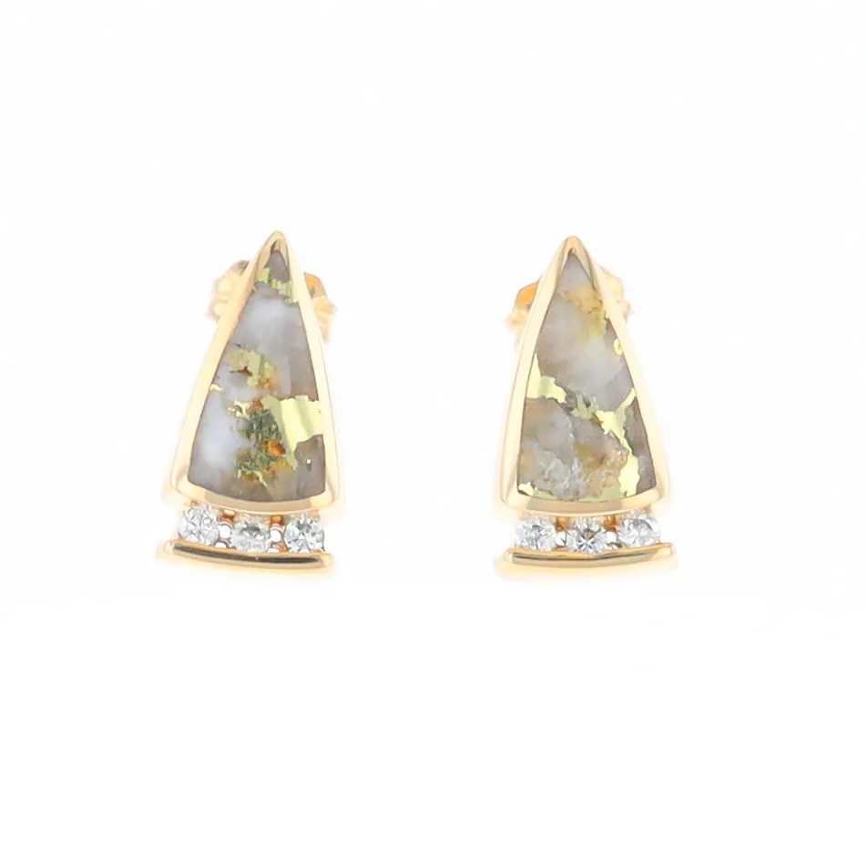 G2 Gold Quartz Earrings Triangle Shape Inlaid Design with .12ctw Diamonds