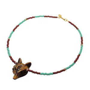 Gemstone Wolf Head Amulet Glass Bead Necklace
