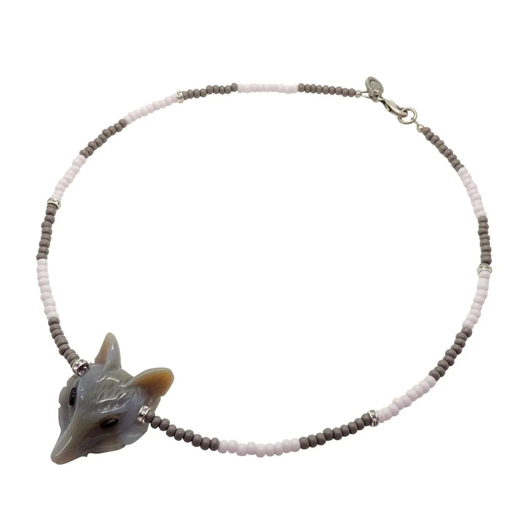 Gemstone Wolf Head Amulet Glass Bead Necklace