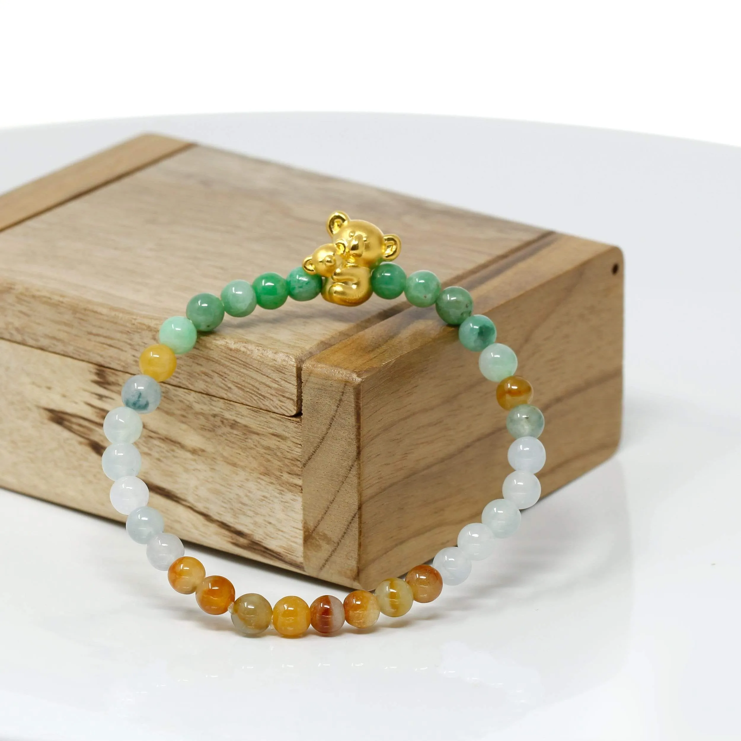 Genuine High-quality Jade Jadeite Colorful Bracelet Bangle with 24k Yellow Gold Koala Bear Charm#401