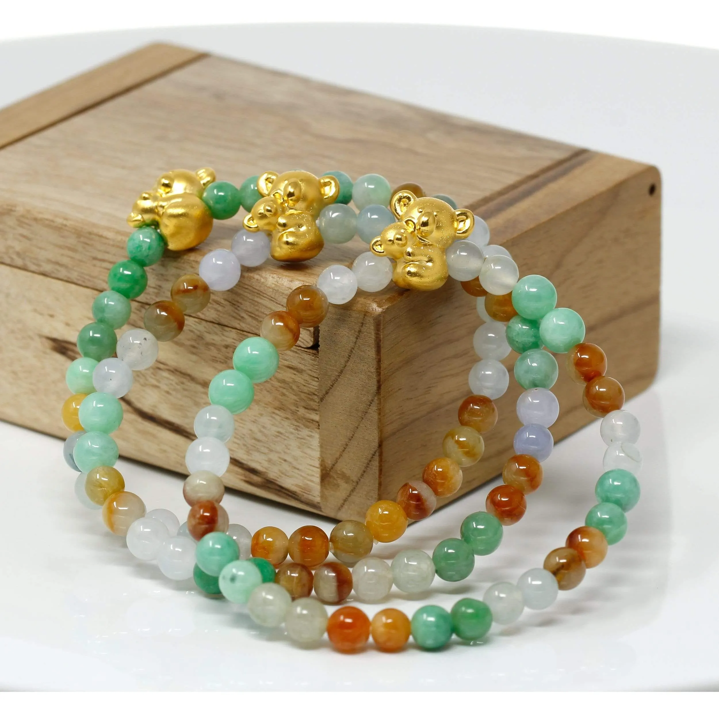 Genuine High-quality Jade Jadeite Colorful Bracelet Bangle with 24k Yellow Gold Koala Bear Charm#401