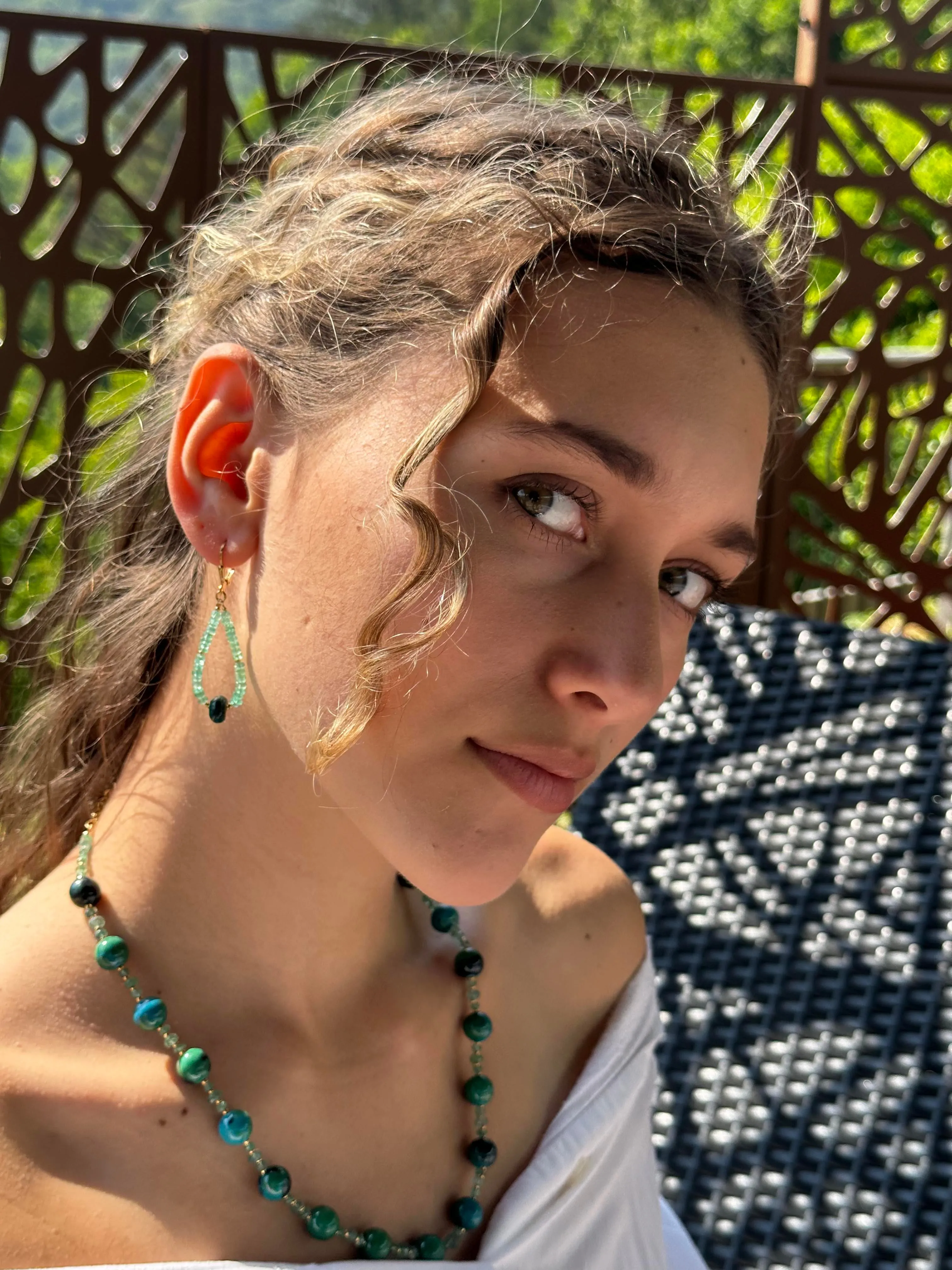 Gold Chrysocolla and Emerald Leverback Earrings