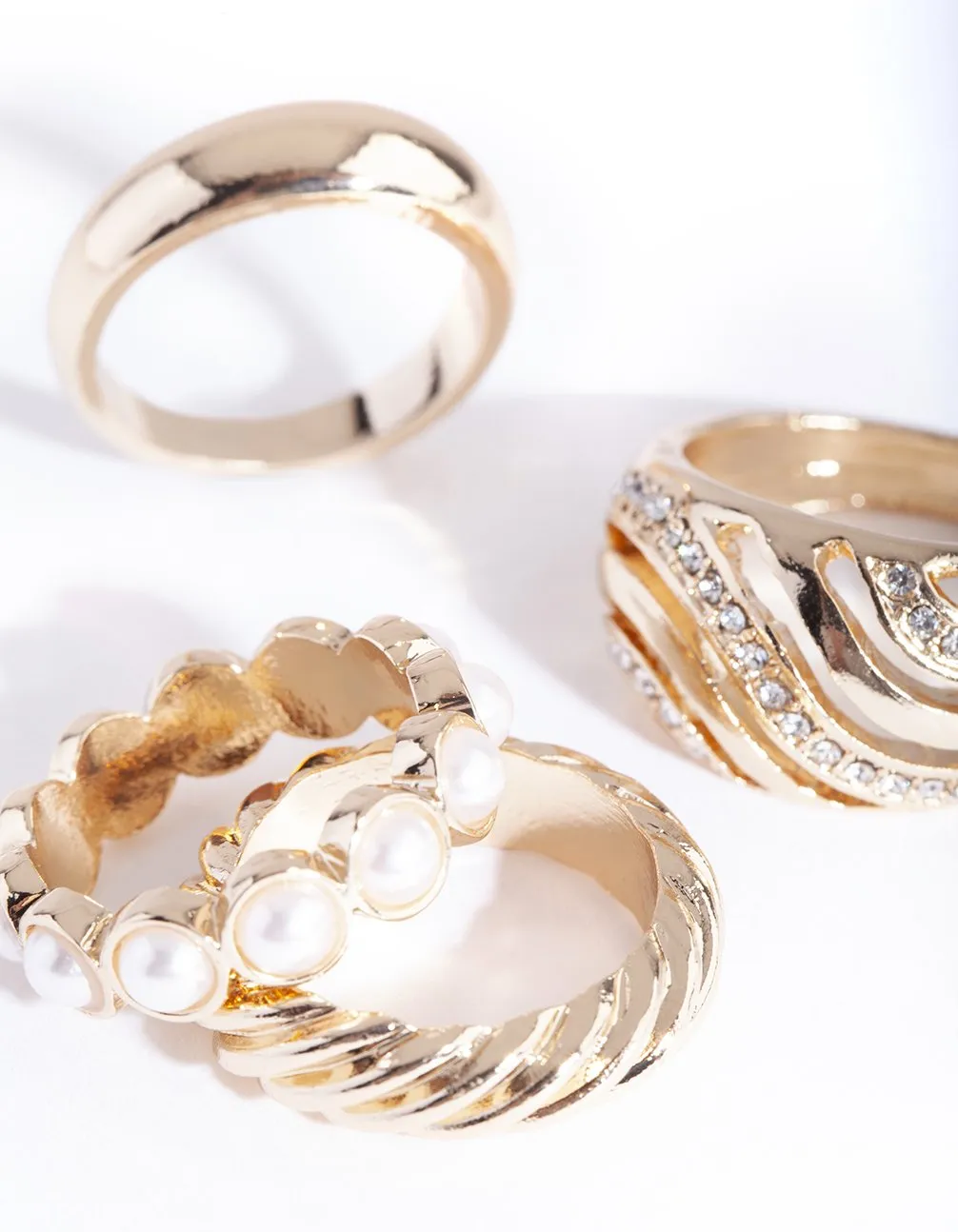 Gold Pearl & Swirl Band Ring 4 Pack