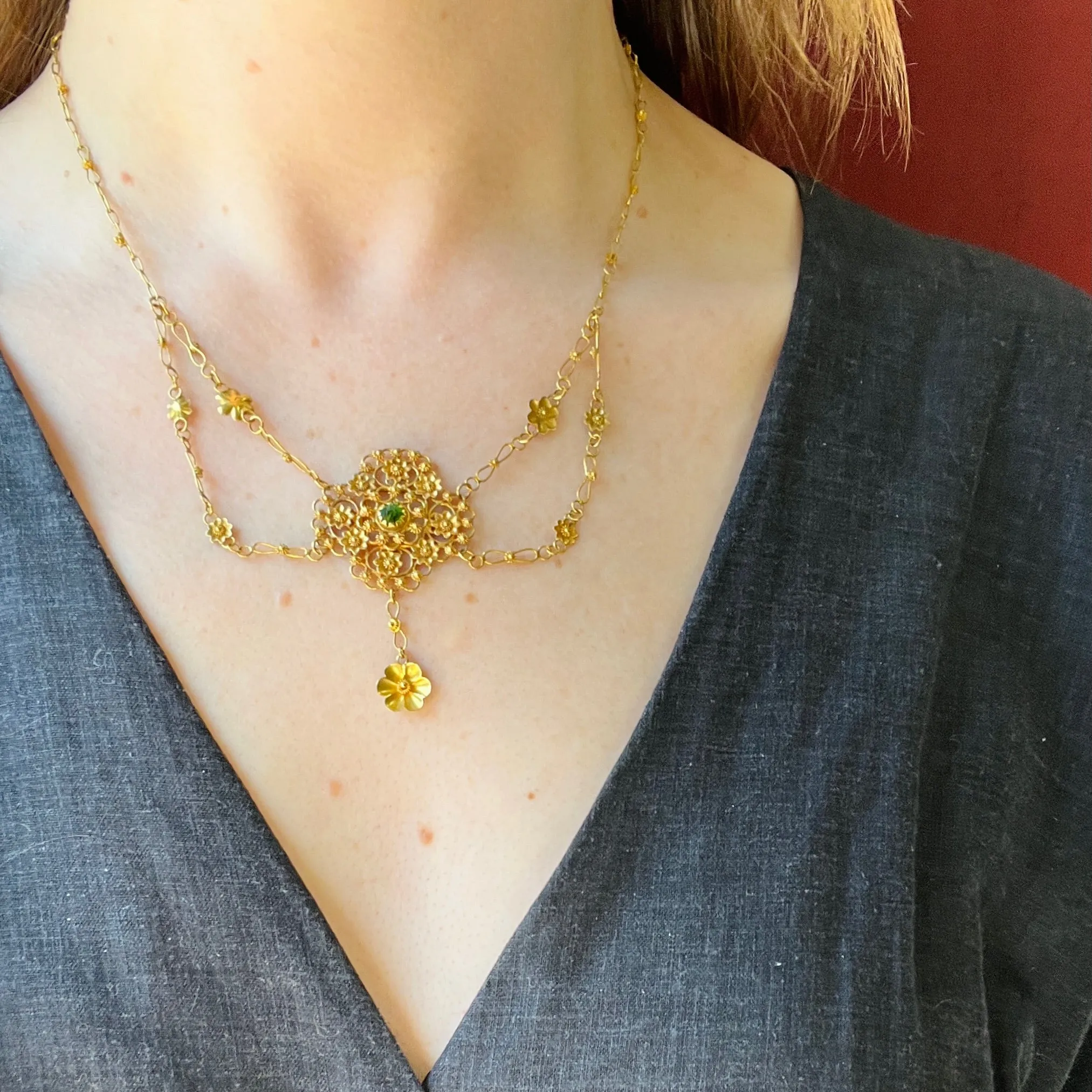 Green Garnet & 22k Gold Faerie Festoon Necklace