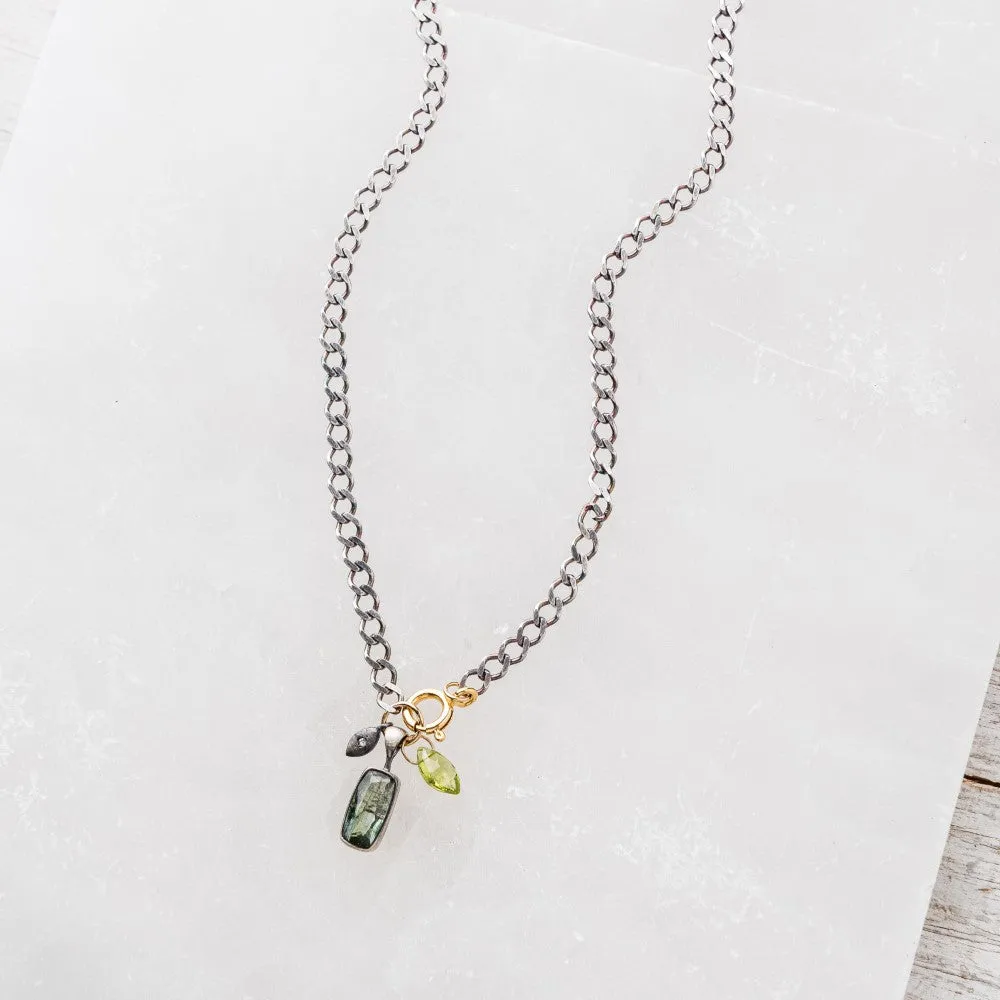 Green Tourmaline Drawn Cushion Necklace with Diamond and Peridot