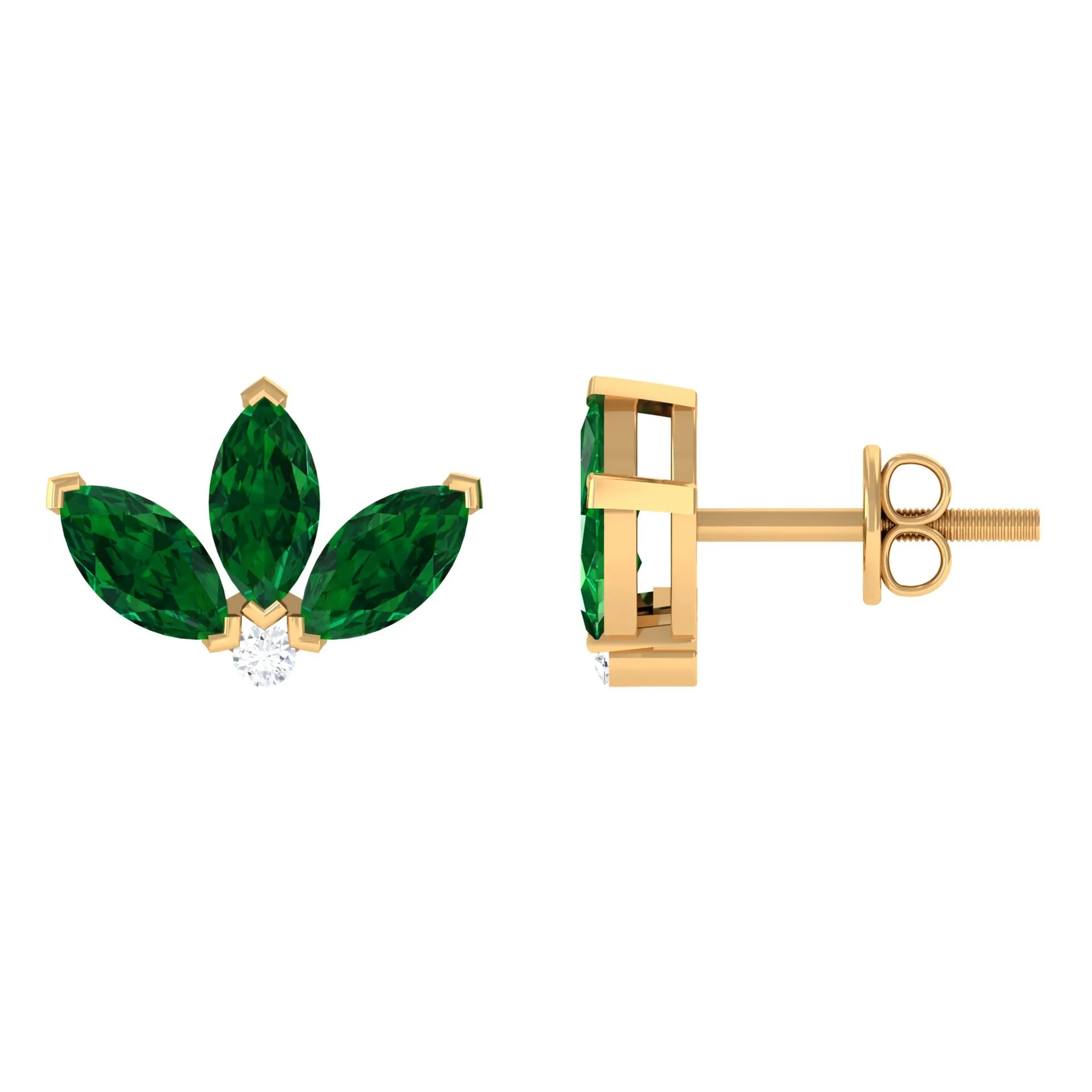Half Flower Stud Earrings with Emerald and Diamond