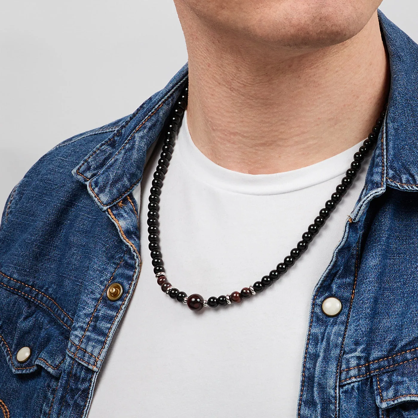 Handmade Men's Beaded Necklace | Natural Black Onyx  and Red Tiger's Eye Gemstone Necklace for Men