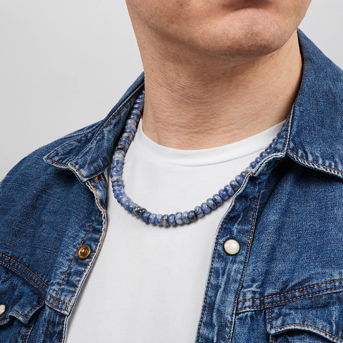 Handmade Men's Gemstone Beaded Necklace | Natural 8mm Blue Spots Beaded Necklace for Men
