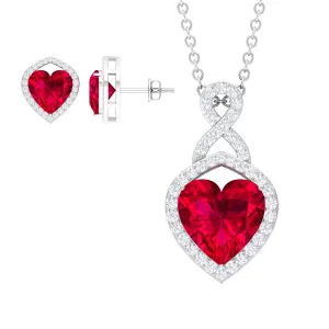 Heart Shape Created Ruby and Moissanite Infinity Pendant Earrings Set