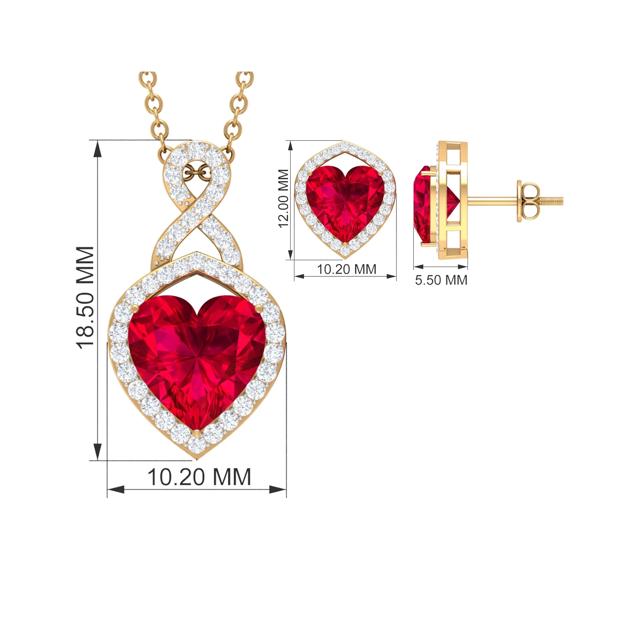 Heart Shape Created Ruby and Moissanite Infinity Pendant Earrings Set