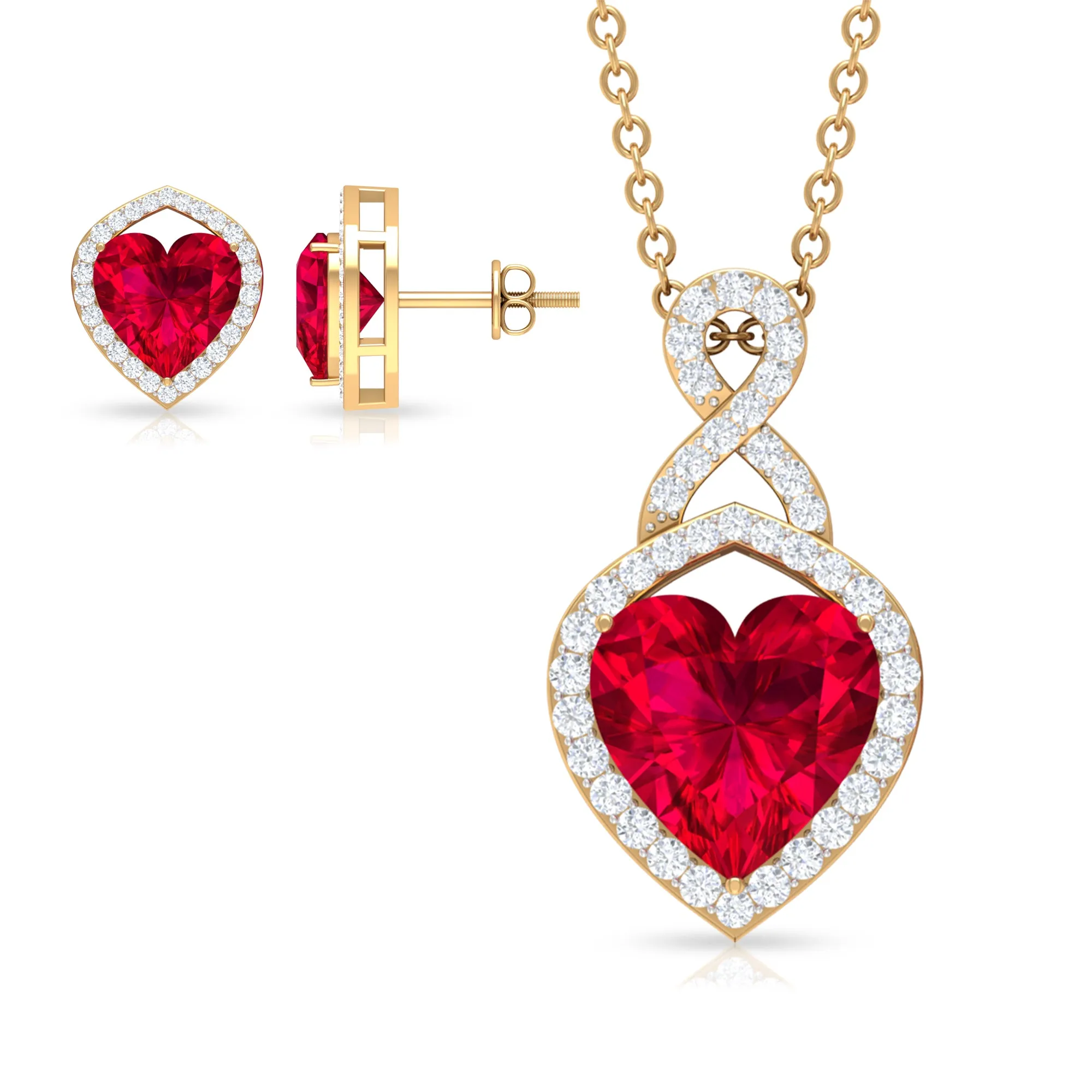Heart Shape Created Ruby and Moissanite Infinity Pendant Earrings Set