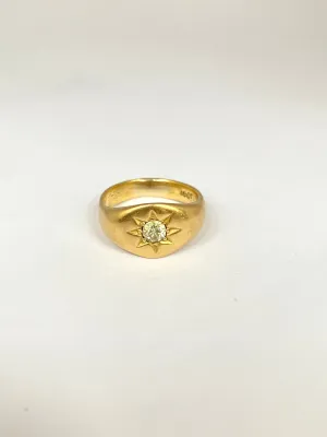 Heavy, Antique, Gypsy Solitaire Diamond (0.35ct) Starburst Ring, Hallmarked 18ct Gold, 7g