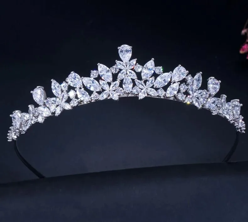 High Quality Cubic Zirconia Romantic Bridal Flower Tiara Crown Wedding Bridesmaid Hair Accessories