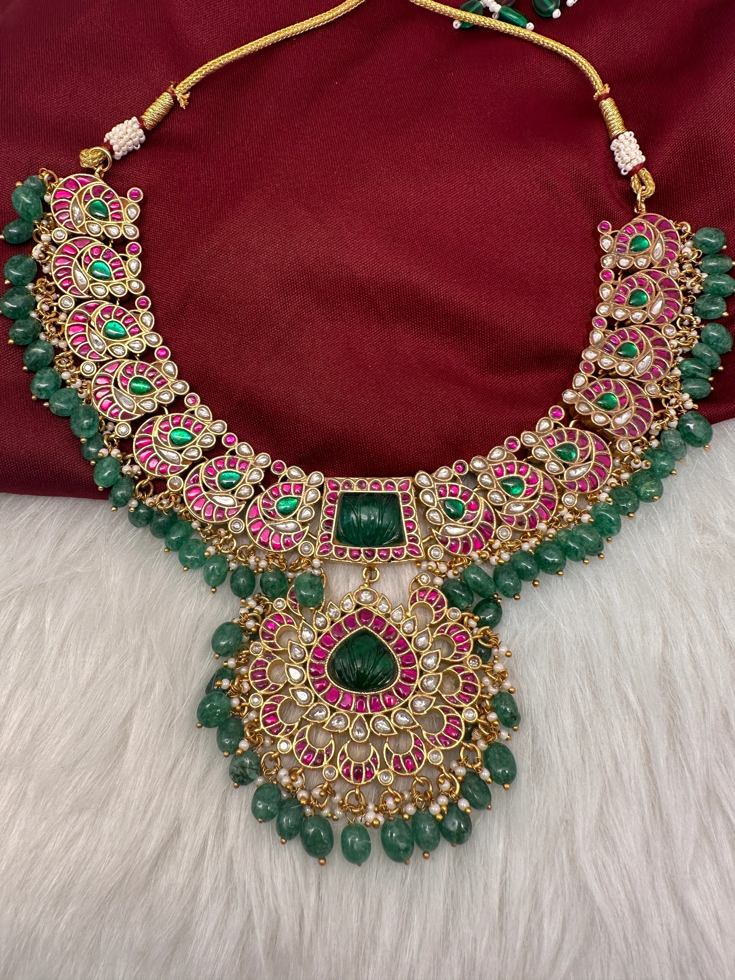 Jadau Kundan  Green Carved Stone Neckline Necklace
