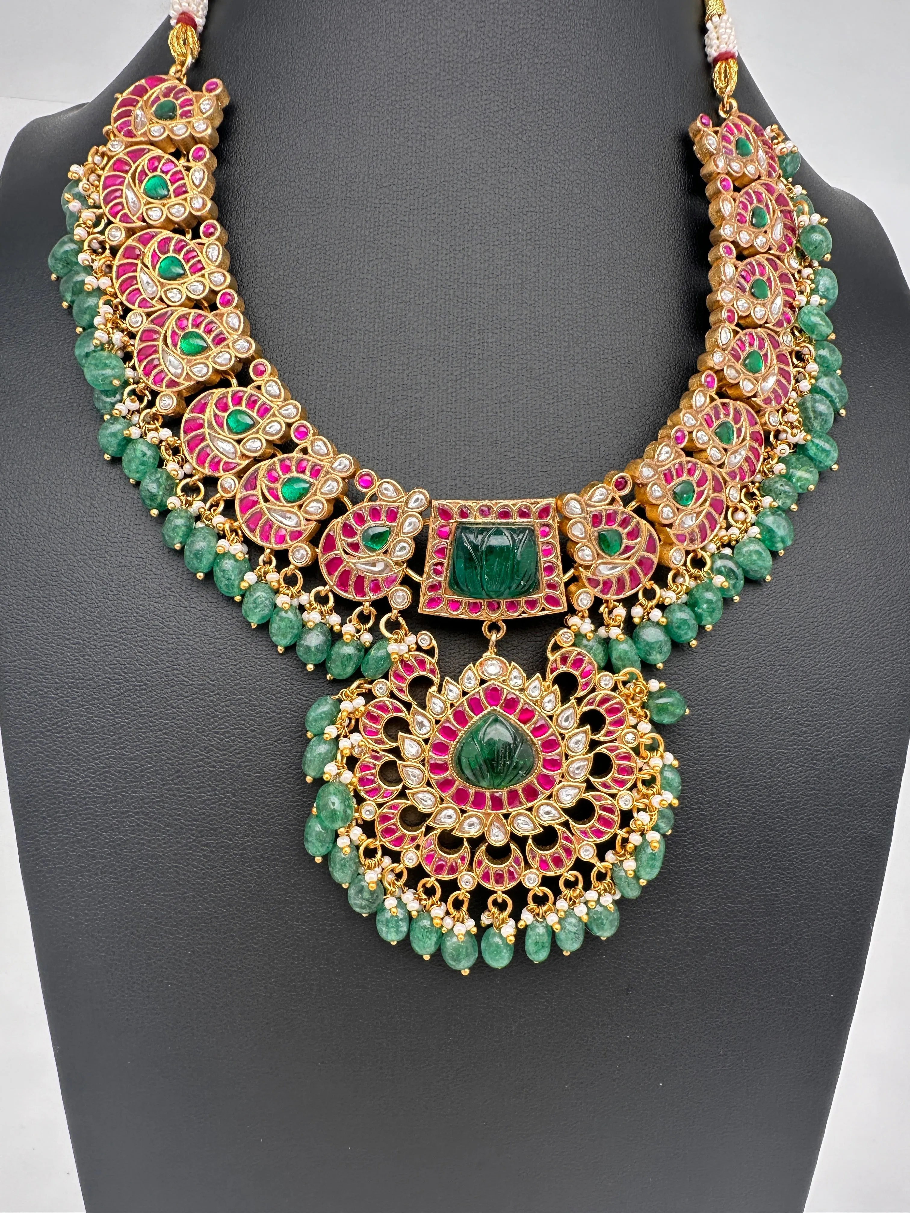 Jadau Kundan  Green Carved Stone Neckline Necklace