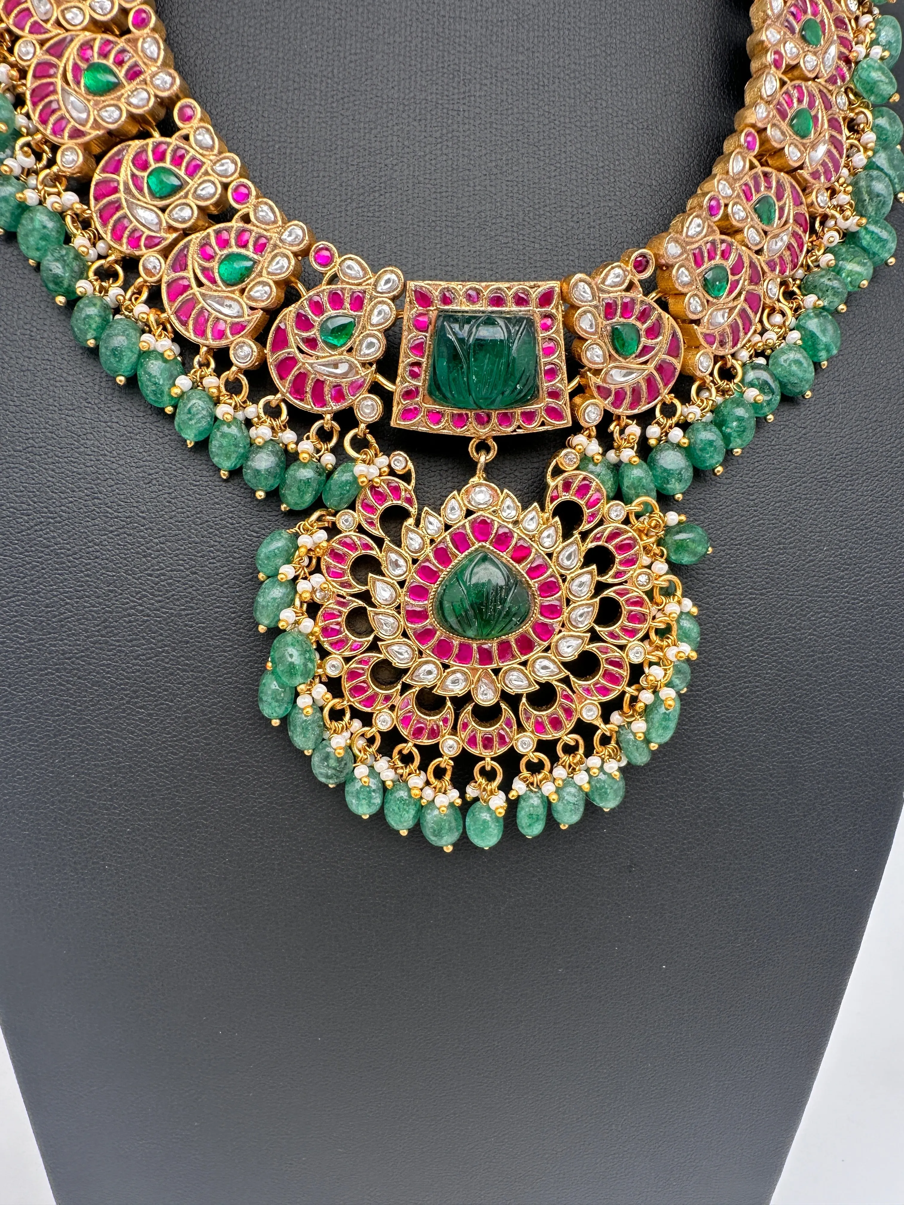 Jadau Kundan  Green Carved Stone Neckline Necklace