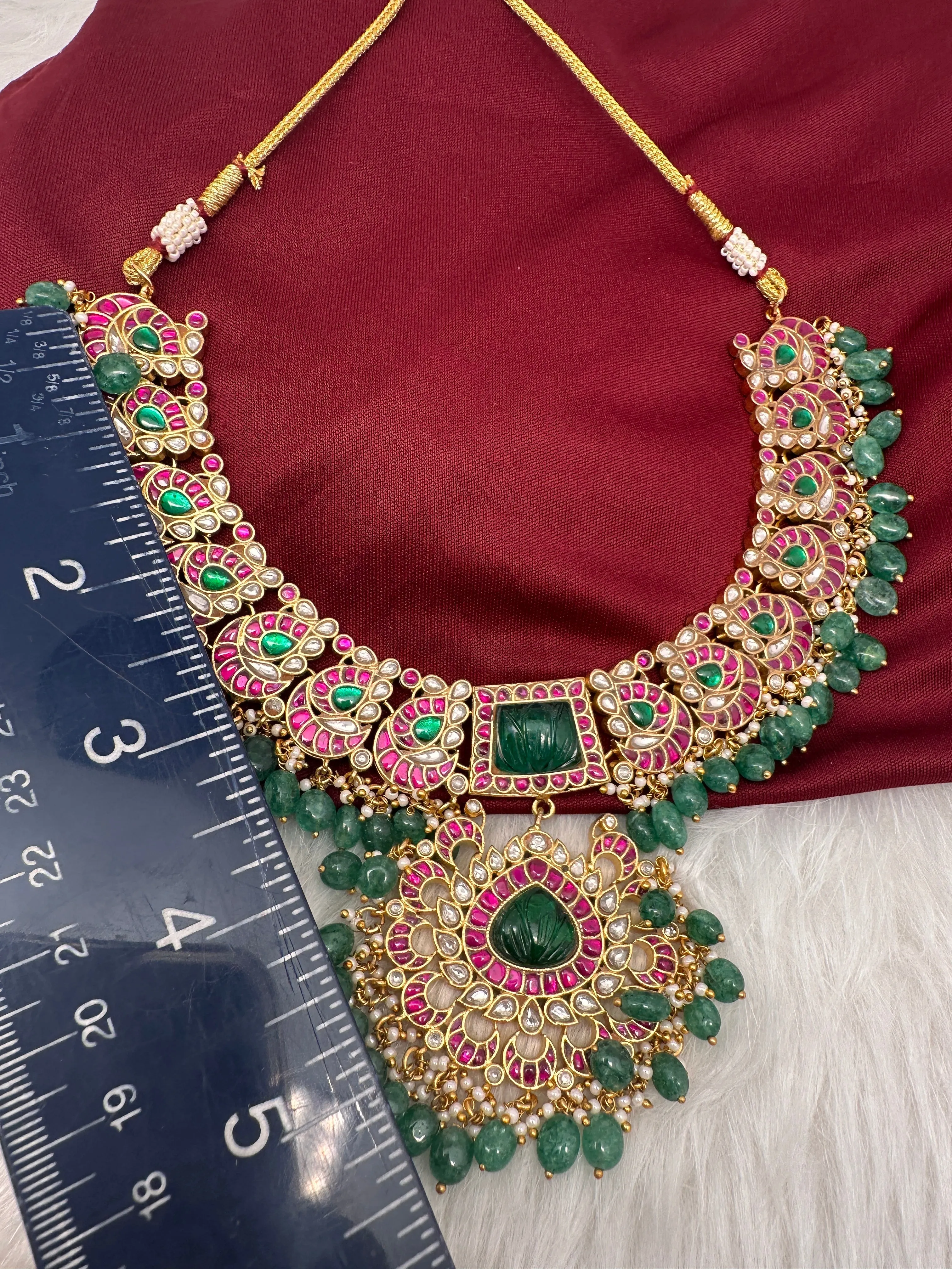 Jadau Kundan  Green Carved Stone Neckline Necklace