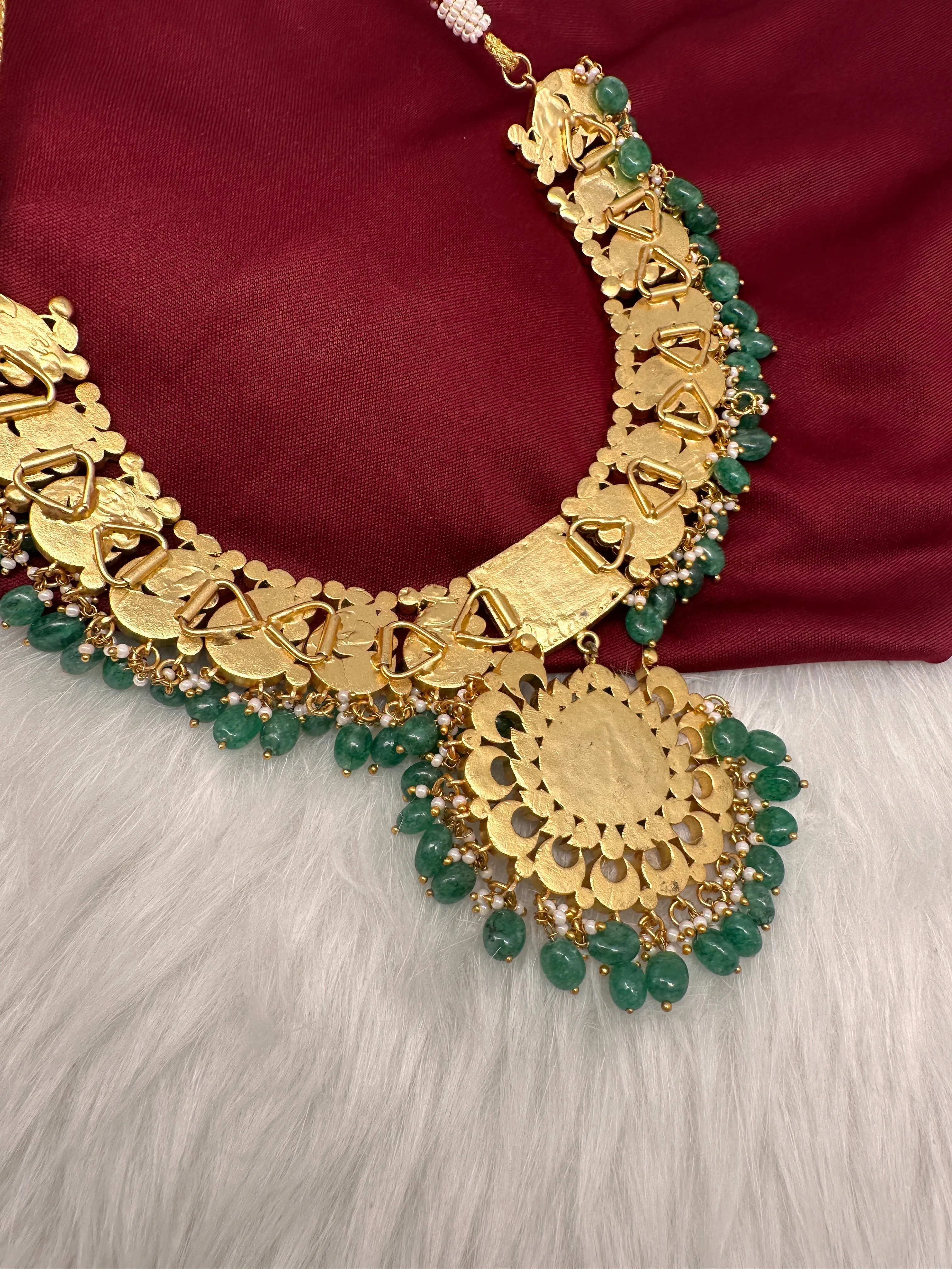 Jadau Kundan  Green Carved Stone Neckline Necklace