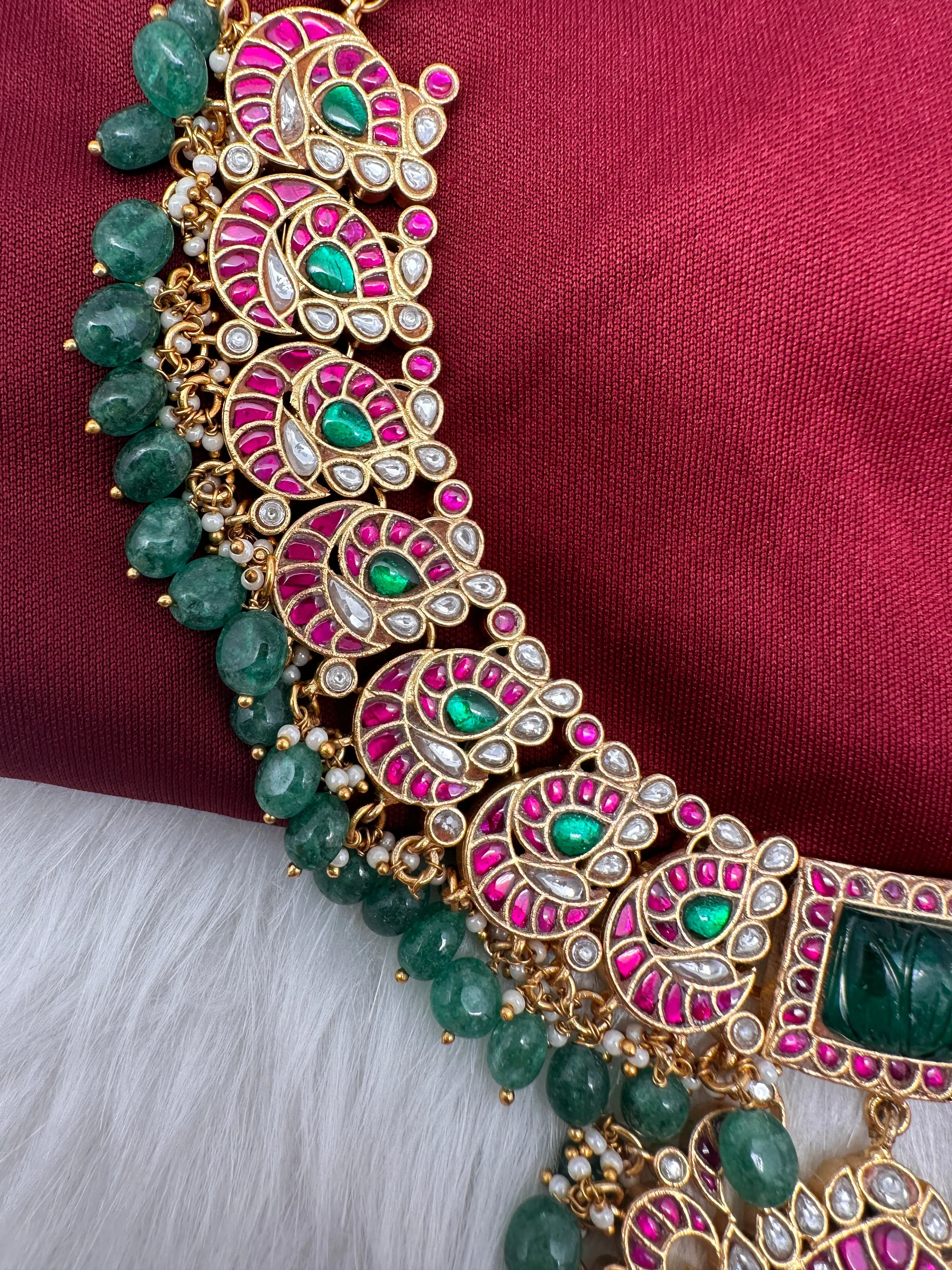 Jadau Kundan  Green Carved Stone Neckline Necklace