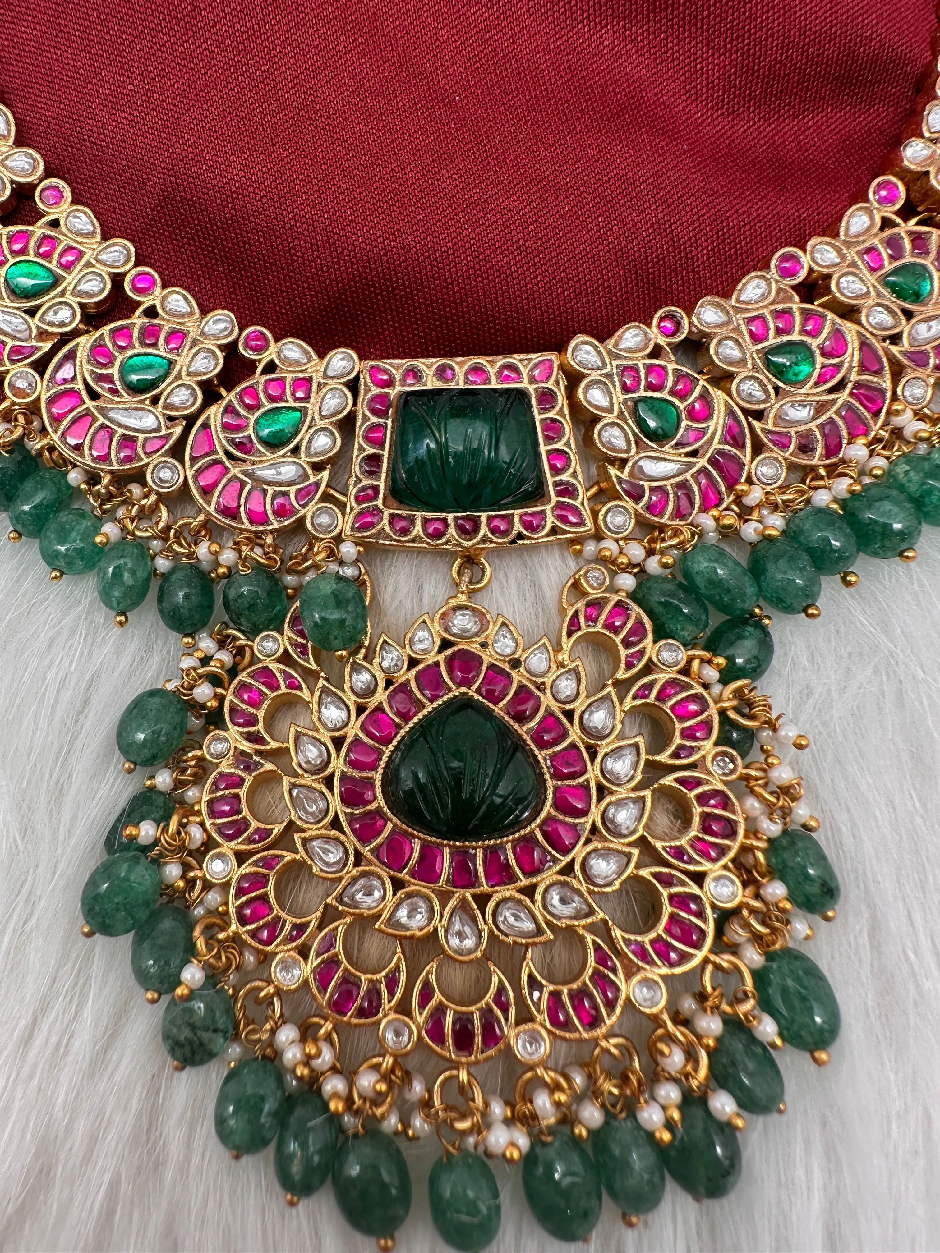 Jadau Kundan  Green Carved Stone Neckline Necklace