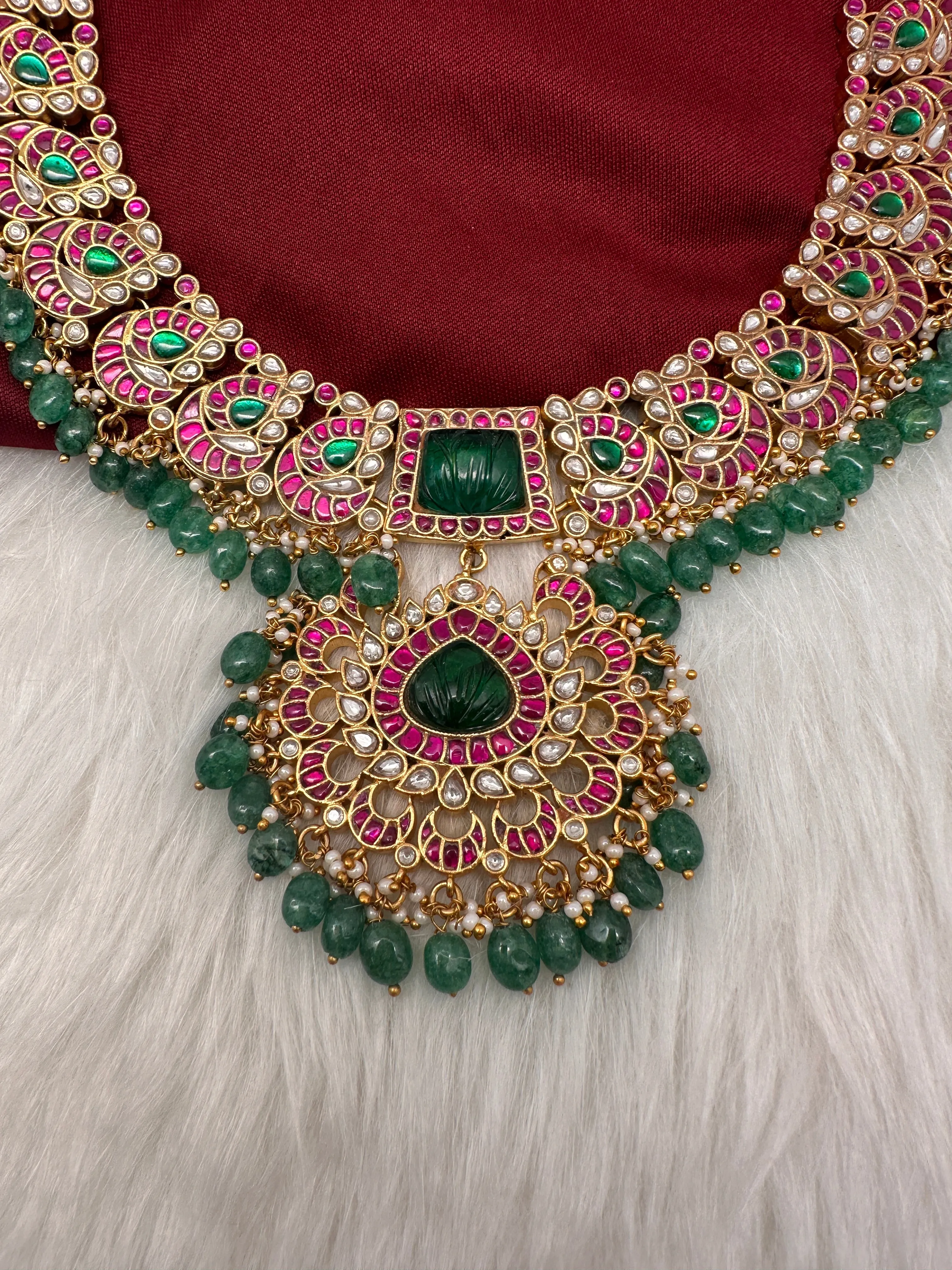 Jadau Kundan  Green Carved Stone Neckline Necklace