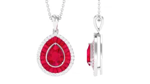 Lab Created Ruby Teardrop Pendant Necklace With Diamond Halo