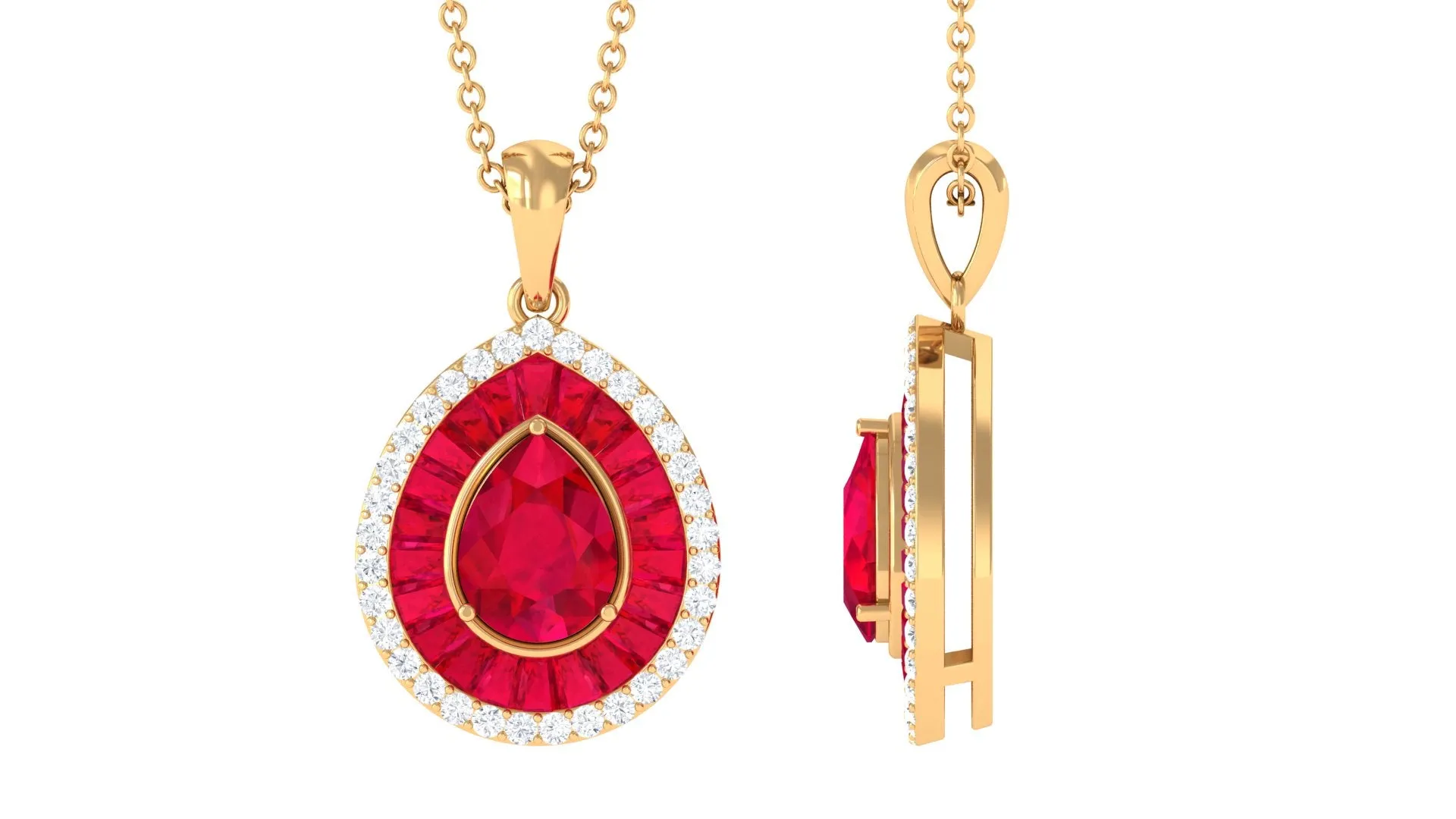 Lab Created Ruby Teardrop Pendant Necklace With Diamond Halo