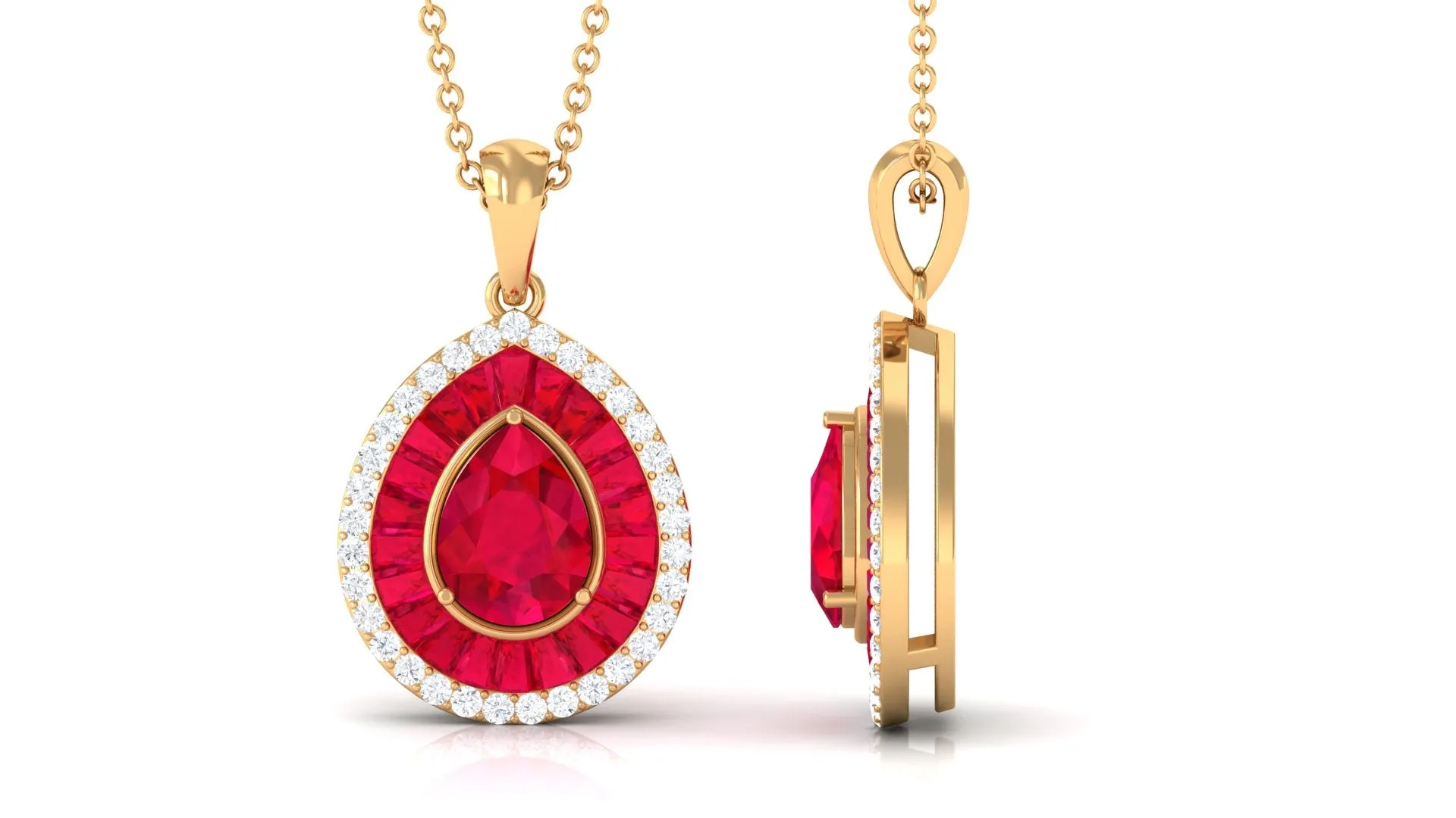 Lab Created Ruby Teardrop Pendant Necklace With Diamond Halo