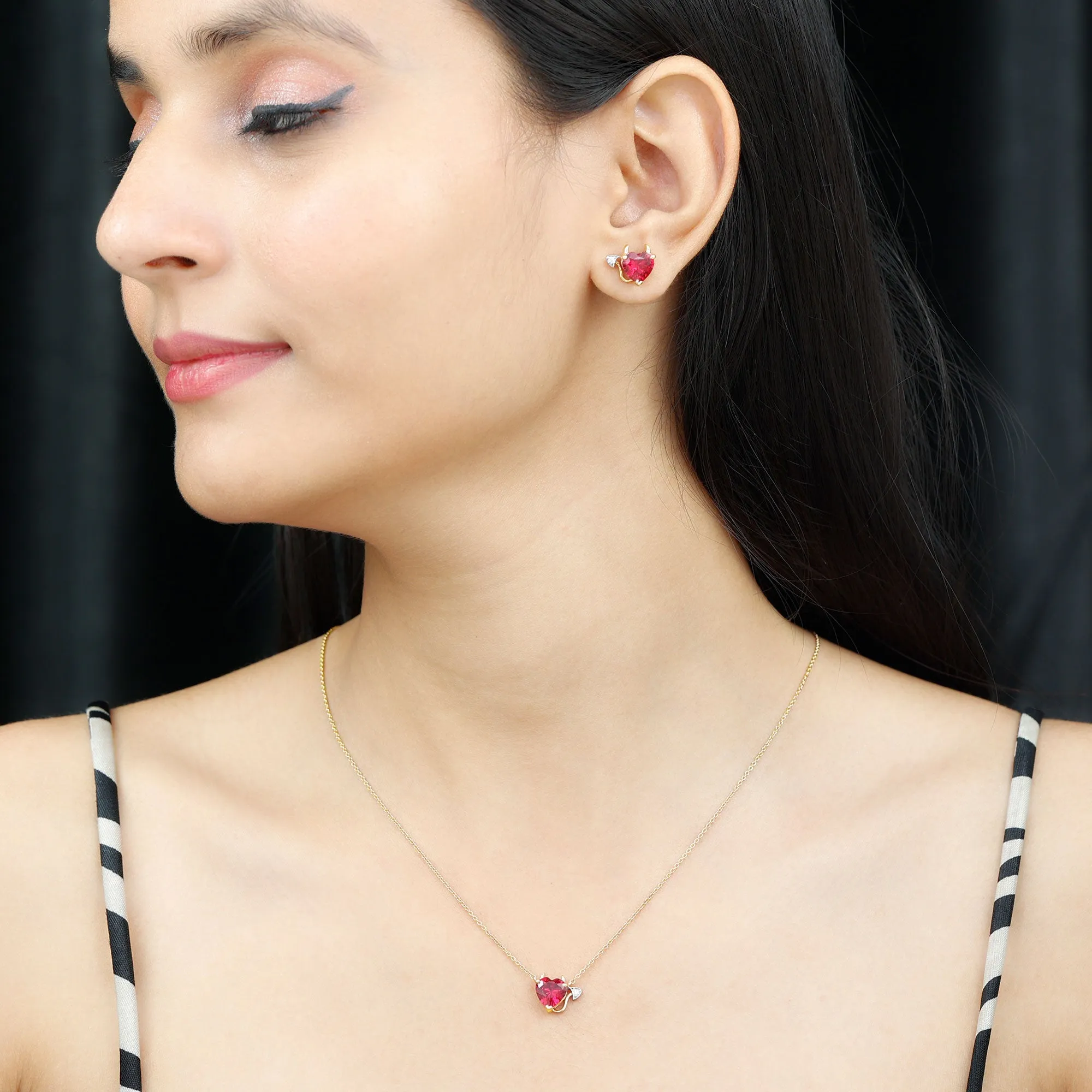 Lab Grown Ruby Heart Necklace And Earrings Set With Diamond