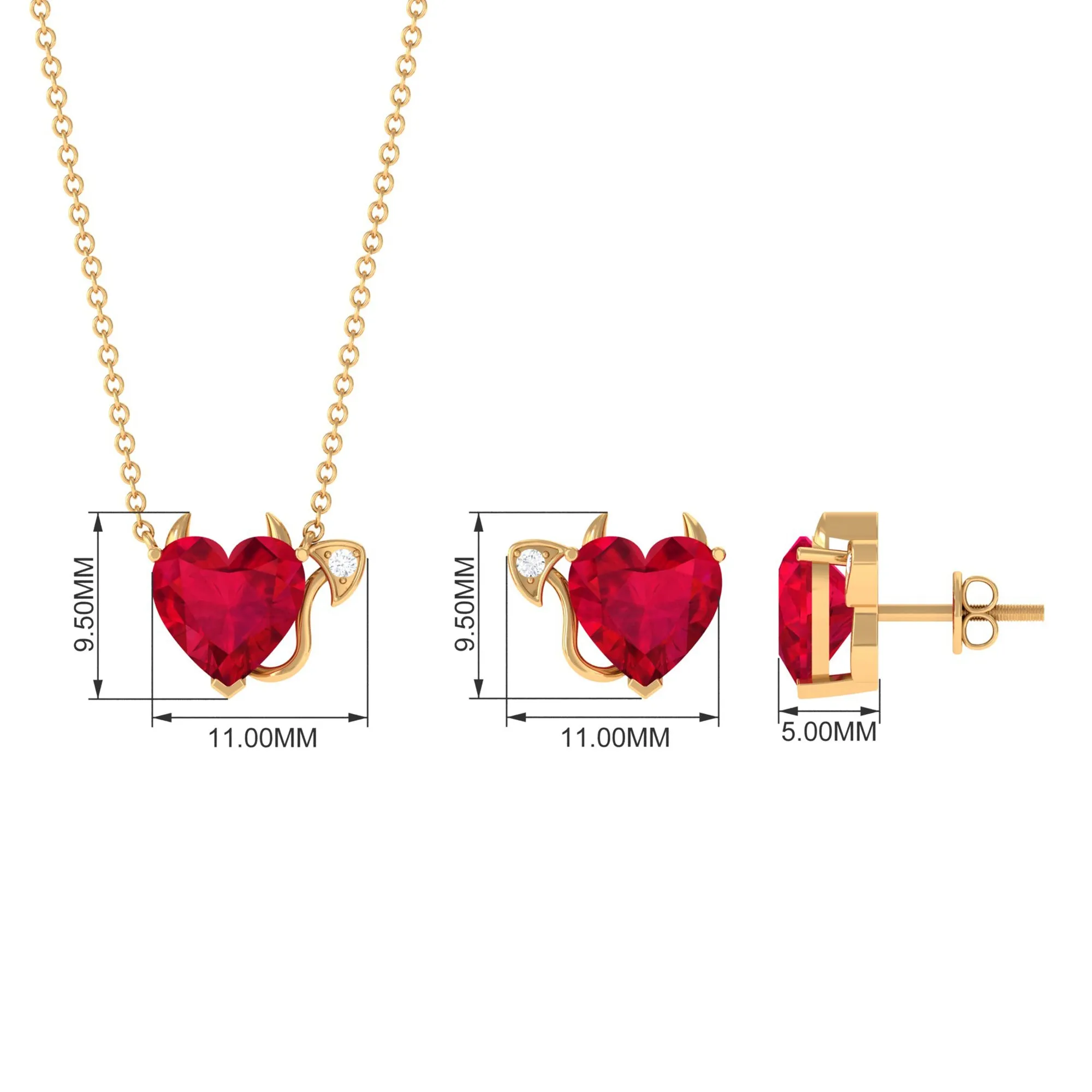 Lab Grown Ruby Heart Necklace And Earrings Set With Diamond