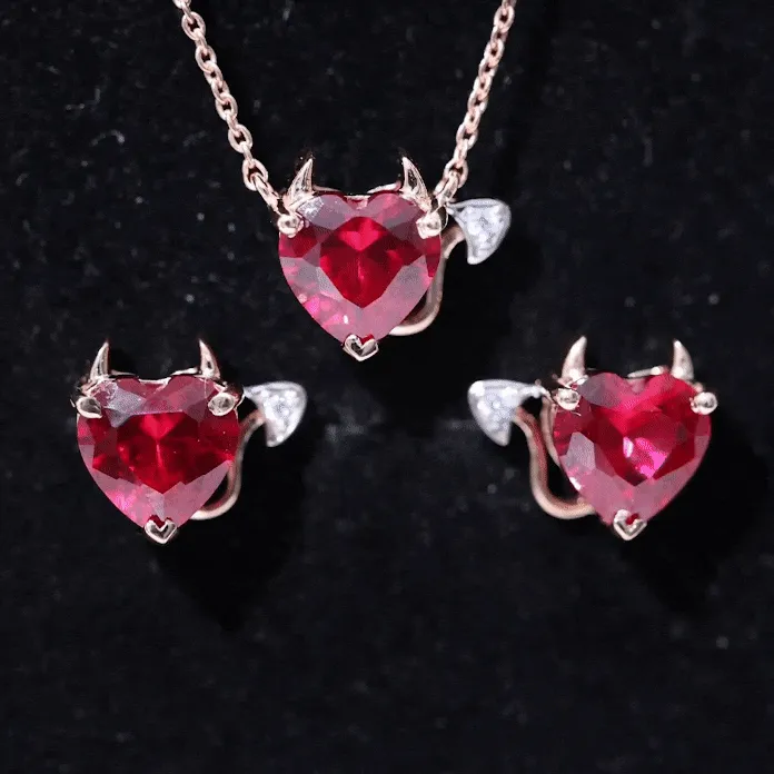 Lab Grown Ruby Heart Necklace And Earrings Set With Diamond