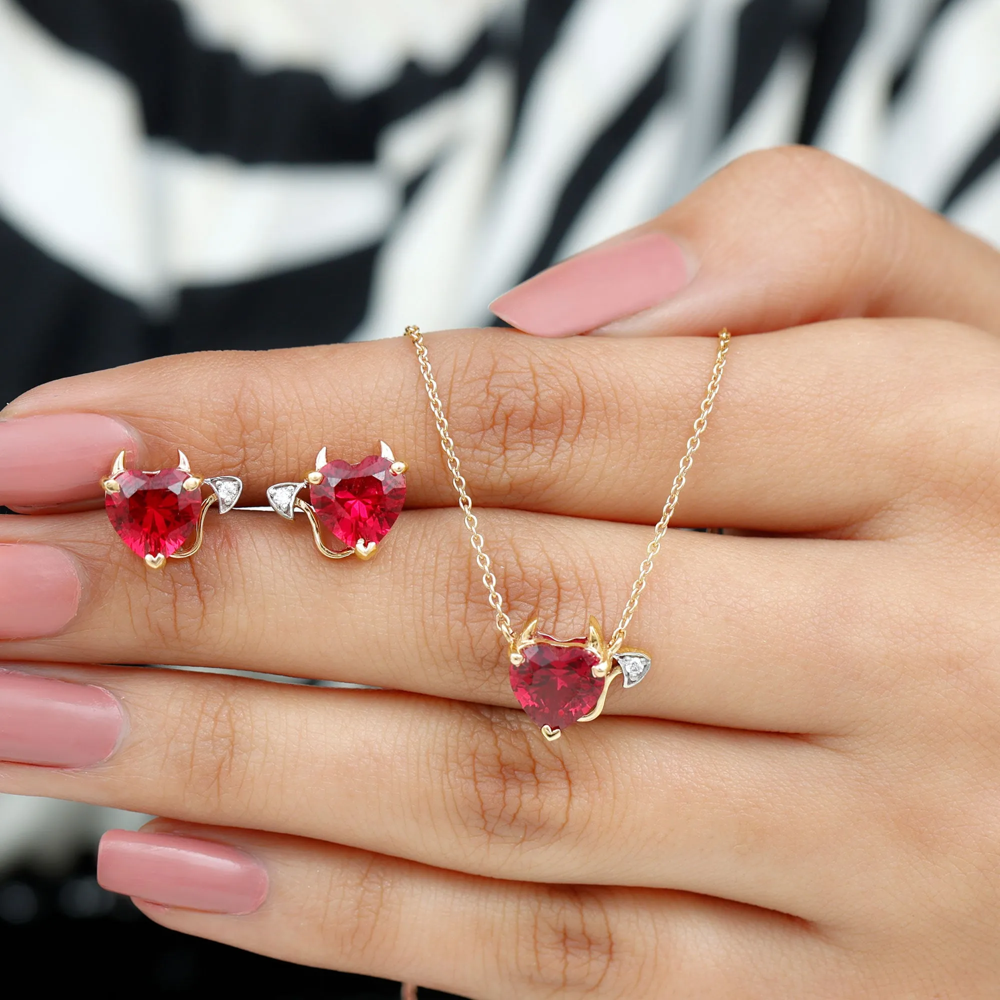 Lab Grown Ruby Heart Necklace And Earrings Set With Diamond