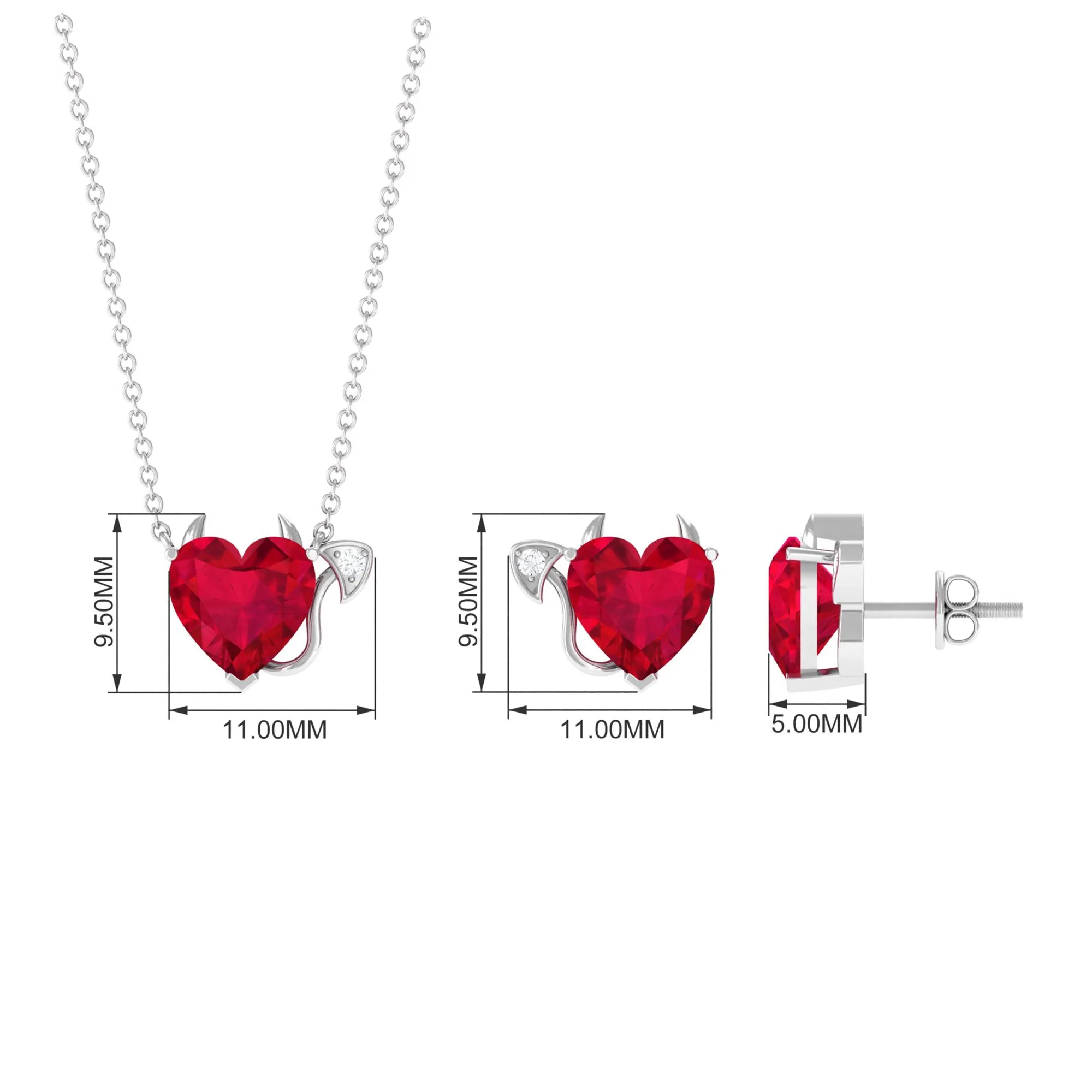 Lab Grown Ruby Heart Necklace And Earrings Set With Diamond