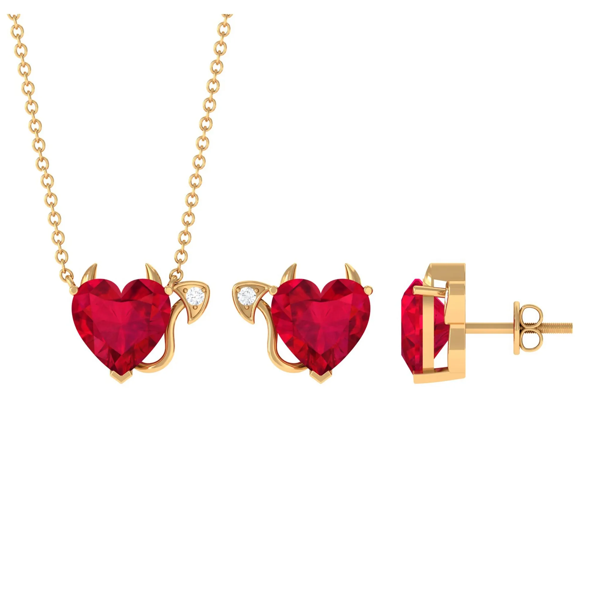 Lab Grown Ruby Heart Necklace And Earrings Set With Diamond