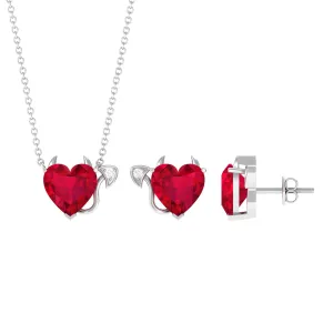 Lab Grown Ruby Heart Necklace And Earrings Set With Diamond