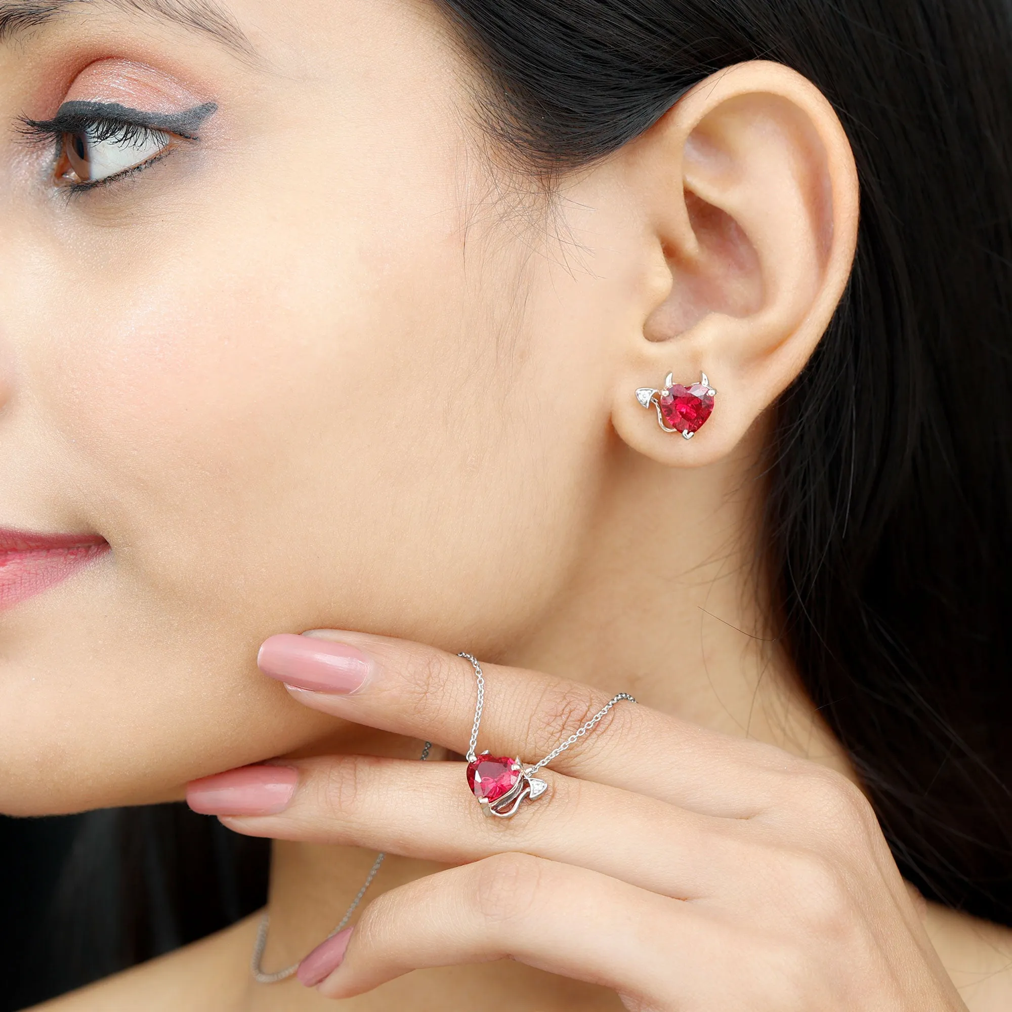 Lab Grown Ruby Heart Necklace And Earrings Set With Diamond
