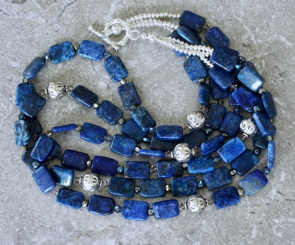 Lapis Lazuli Rectangles 3-Strand Necklace with Czech Glass and Sterling Silver Beads & Toggle Clasp