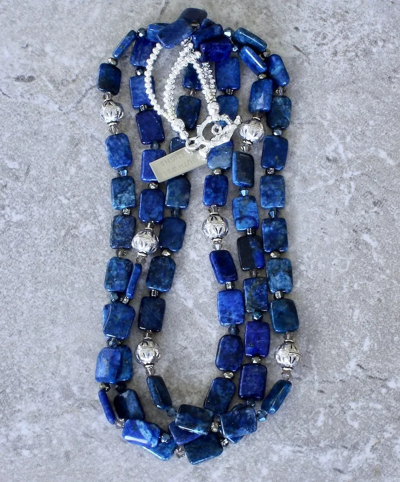 Lapis Lazuli Rectangles 3-Strand Necklace with Czech Glass and Sterling Silver Beads & Toggle Clasp