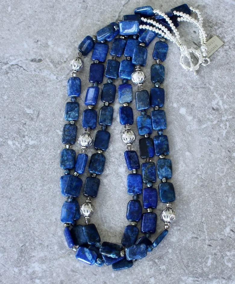 Lapis Lazuli Rectangles 3-Strand Necklace with Czech Glass and Sterling Silver Beads & Toggle Clasp